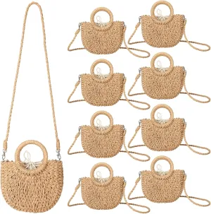 8 Pcs Semi Circle Straw Bag Women Mini Rattan Beach Straw Bag Handmade Woven Crossbody Shoulder Bag Clutch Tote Purse Top Handle Retro Tote Handbags for Travel Summer Bride Bag, Khaki