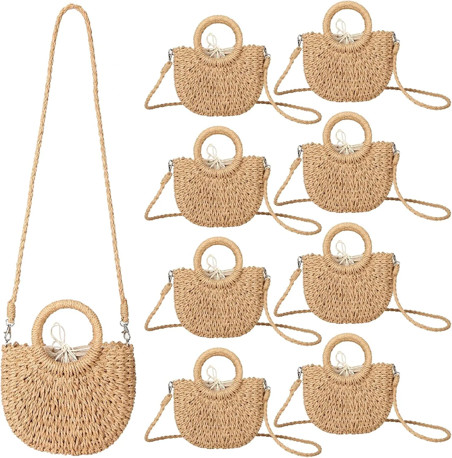 8 Pcs Semi Circle Straw Bag Women Mini Rattan Beach Straw Bag Handmade Woven Crossbody Shoulder Bag Clutch Tote Purse Top Handle Retro Tote Handbags for Travel Summer Bride Bag, Khaki