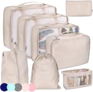 8Pcs Packing Cubes for Travel,Travel Cubes Set Foldable Suitcase Organizer Lightweight Luggage Storage Bags (Beige)