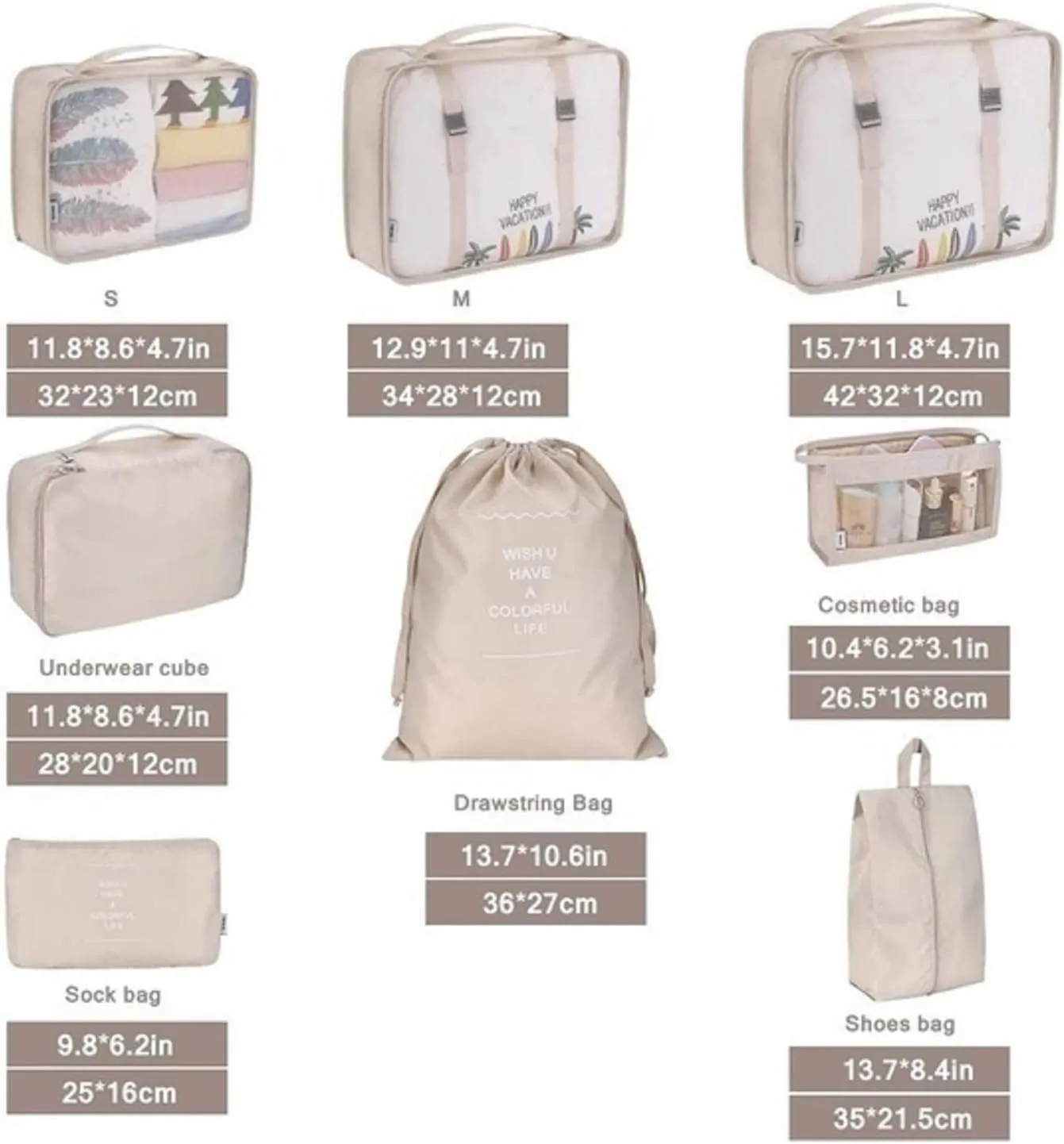 8Pcs Packing Cubes for Travel,Travel Cubes Set Foldable Suitcase Organizer Lightweight Luggage Storage Bags (Beige)