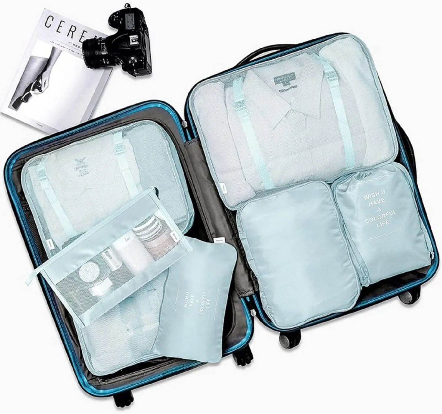 8Pcs Packing Cubes for Travel,Travel Cubes Set Foldable Suitcase Organizer Lightweight Luggage Storage Bags (Light Blue)
