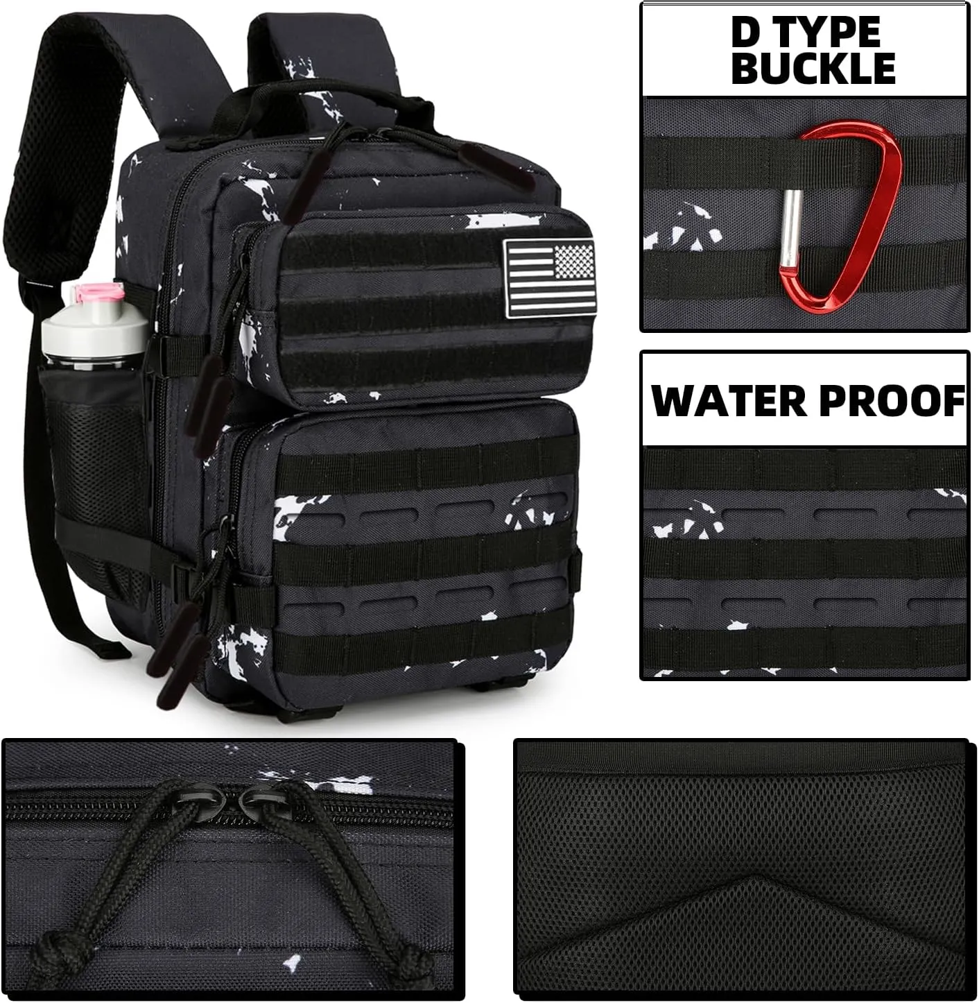 9L Tactical Assault Backpack Gym Backpack Hiking Travel Backpack Camping Backpack (Black & white dots)