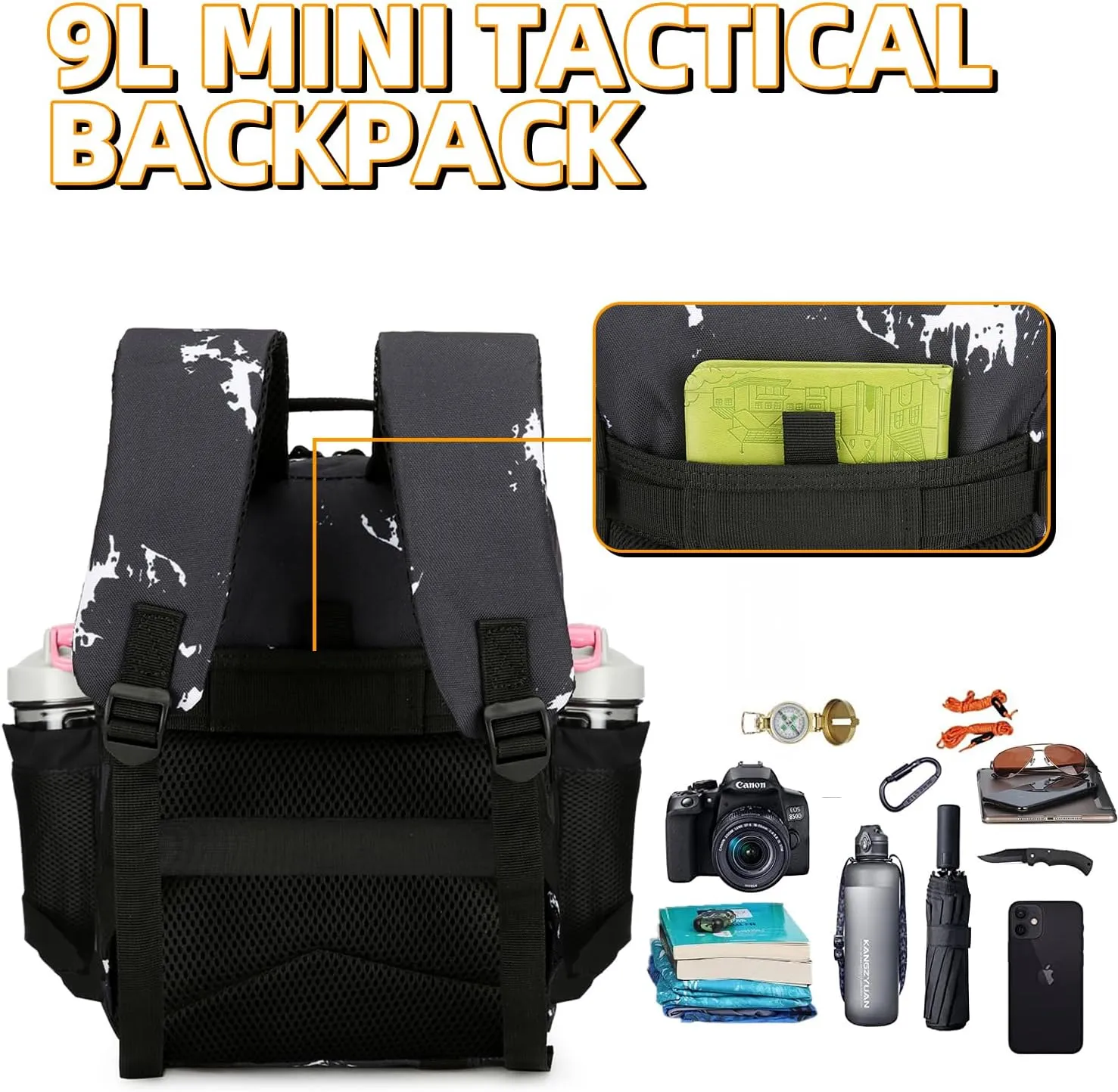 9L Tactical Assault Backpack Gym Backpack Hiking Travel Backpack Camping Backpack (Black & white dots)