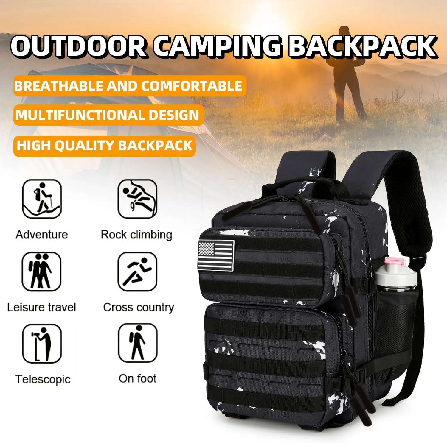 9L Tactical Assault Backpack Gym Backpack Hiking Travel Backpack Camping Backpack (Black & white dots)