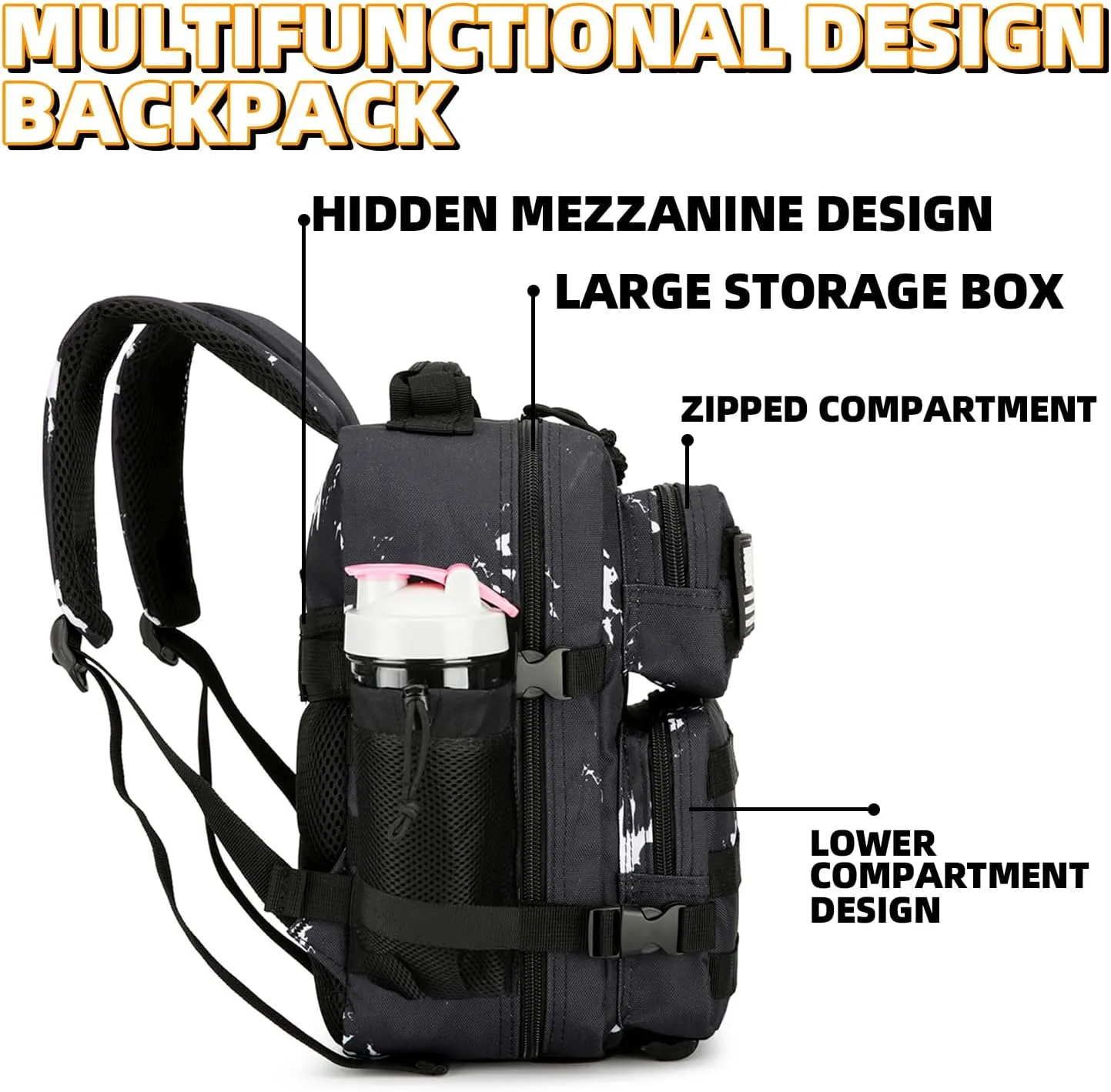 9L Tactical Assault Backpack Gym Backpack Hiking Travel Backpack Camping Backpack (Black & white dots)