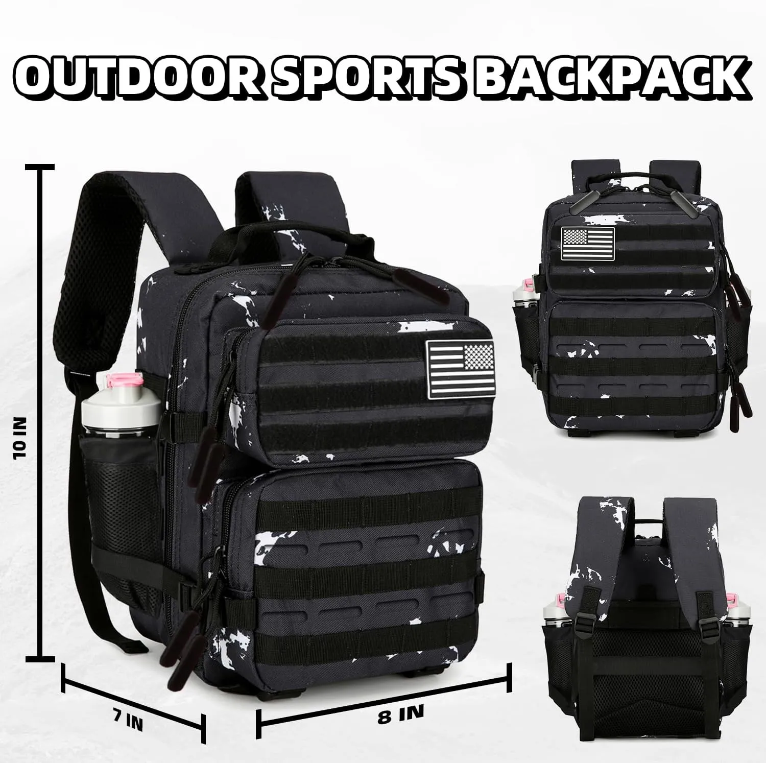 9L Tactical Assault Backpack Gym Backpack Hiking Travel Backpack Camping Backpack (Black & white dots)