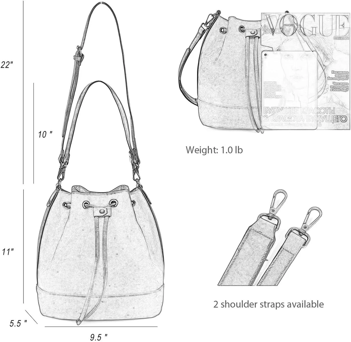 AFKOMST Leather Bucket Bags and Drawstring Crossbody Purse for Women Medium Tote and Hobo Handbags with 2 Shouder Straps