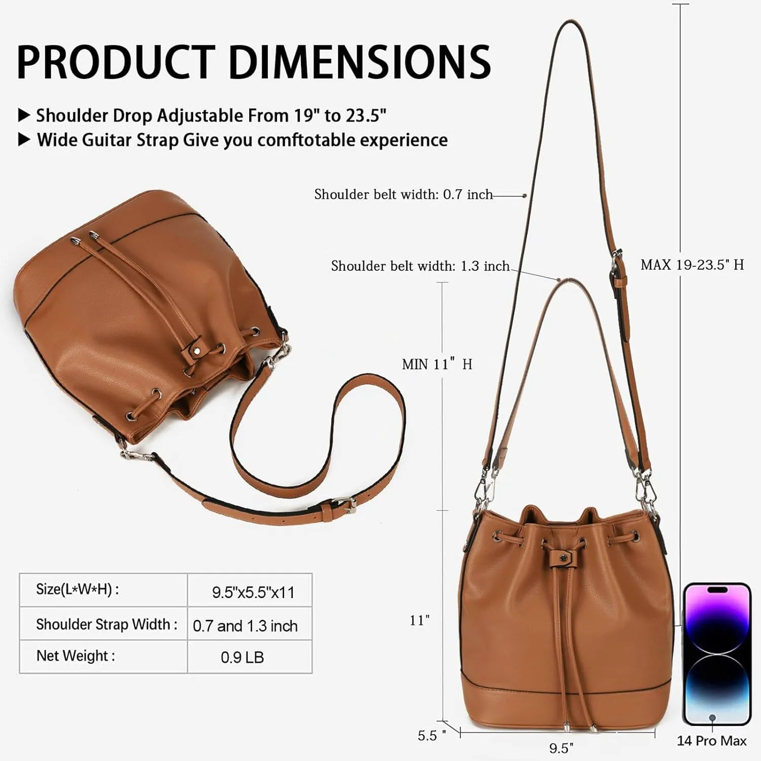 AFKOMST Leather Bucket Bags and Drawstring Crossbody Purse for Women Medium Tote and Hobo Handbags with 2 Shouder Straps
