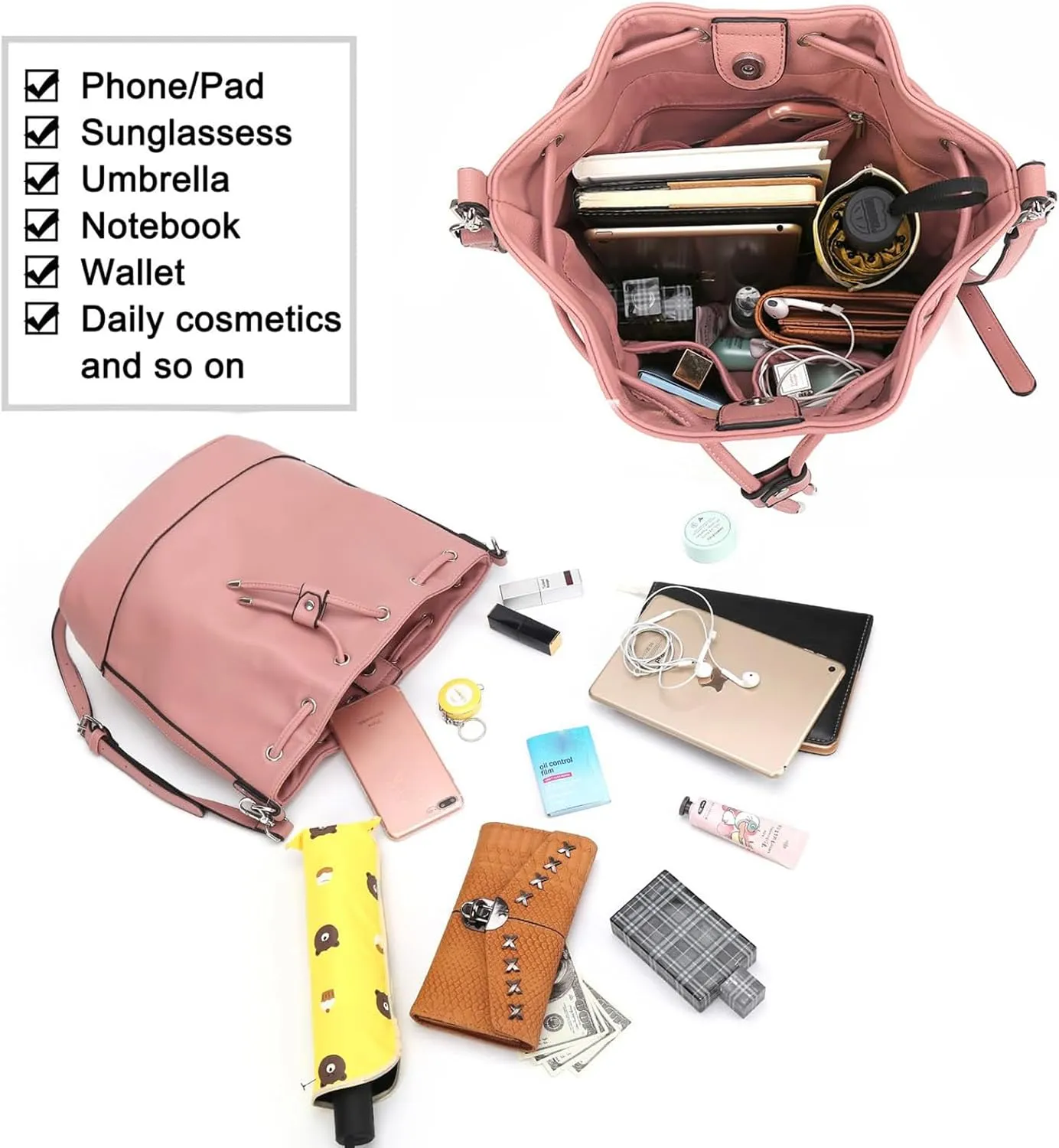 AFKOMST Leather Bucket Bags and Drawstring Crossbody Purse for Women Medium Tote and Hobo Handbags with 2 Shouder Straps