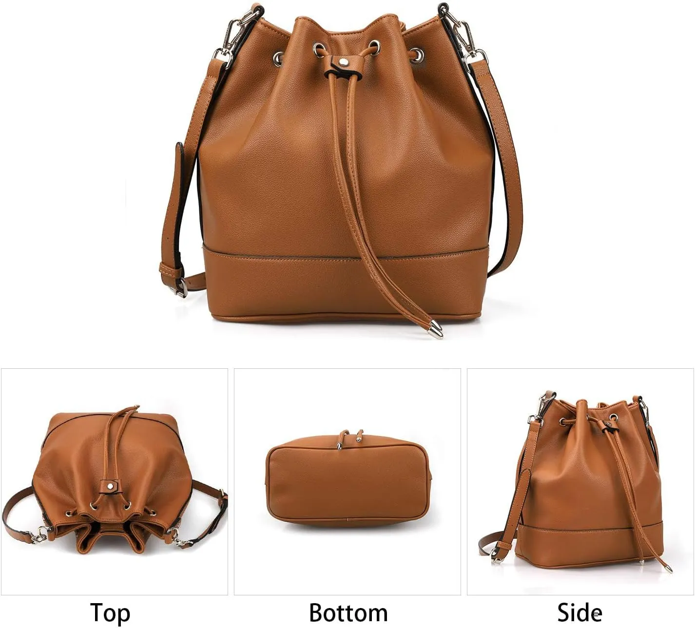 AFKOMST Leather Bucket Bags and Drawstring Crossbody Purse for Women Medium Tote and Hobo Handbags with 2 Shouder Straps