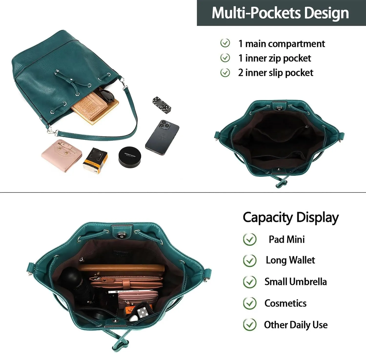 AFKOMST Leather Bucket Bags and Drawstring Crossbody Purse for Women Medium Tote and Hobo Handbags with 2 Shouder Straps