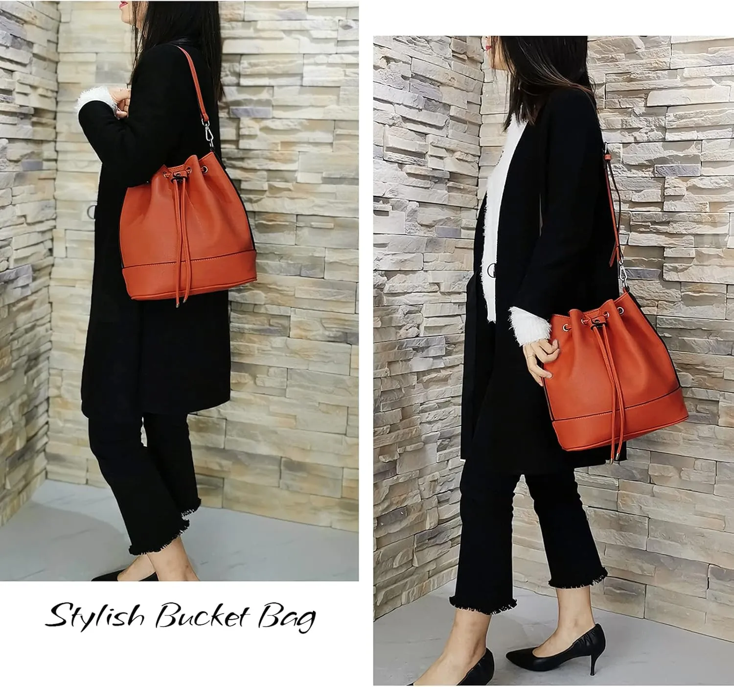 AFKOMST Leather Bucket Bags and Drawstring Crossbody Purse for Women Medium Tote and Hobo Handbags with 2 Shouder Straps