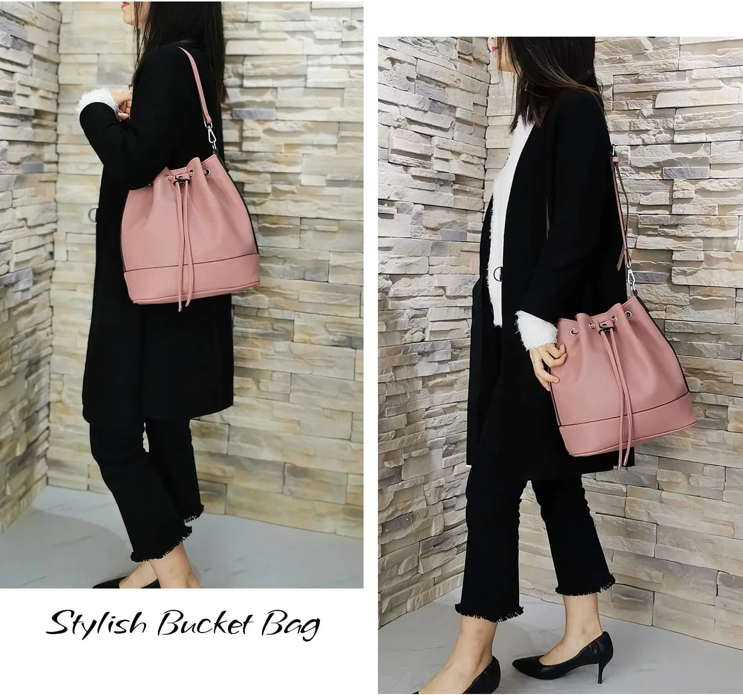AFKOMST Leather Bucket Bags and Drawstring Crossbody Purse for Women Medium Tote and Hobo Handbags with 2 Shouder Straps