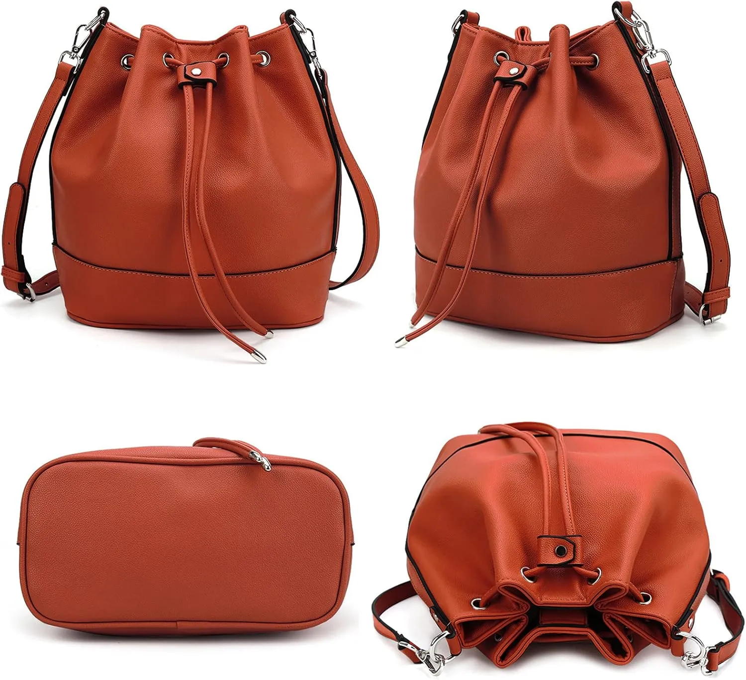 AFKOMST Leather Bucket Bags and Drawstring Crossbody Purse for Women Medium Tote and Hobo Handbags with 2 Shouder Straps