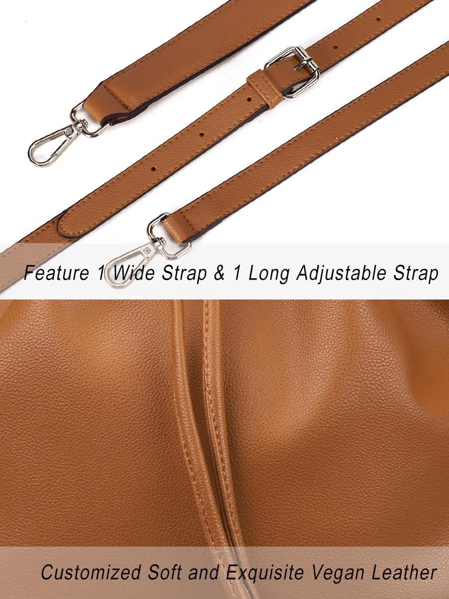 AFKOMST Leather Bucket Bags and Drawstring Crossbody Purse for Women Medium Tote and Hobo Handbags with 2 Shouder Straps