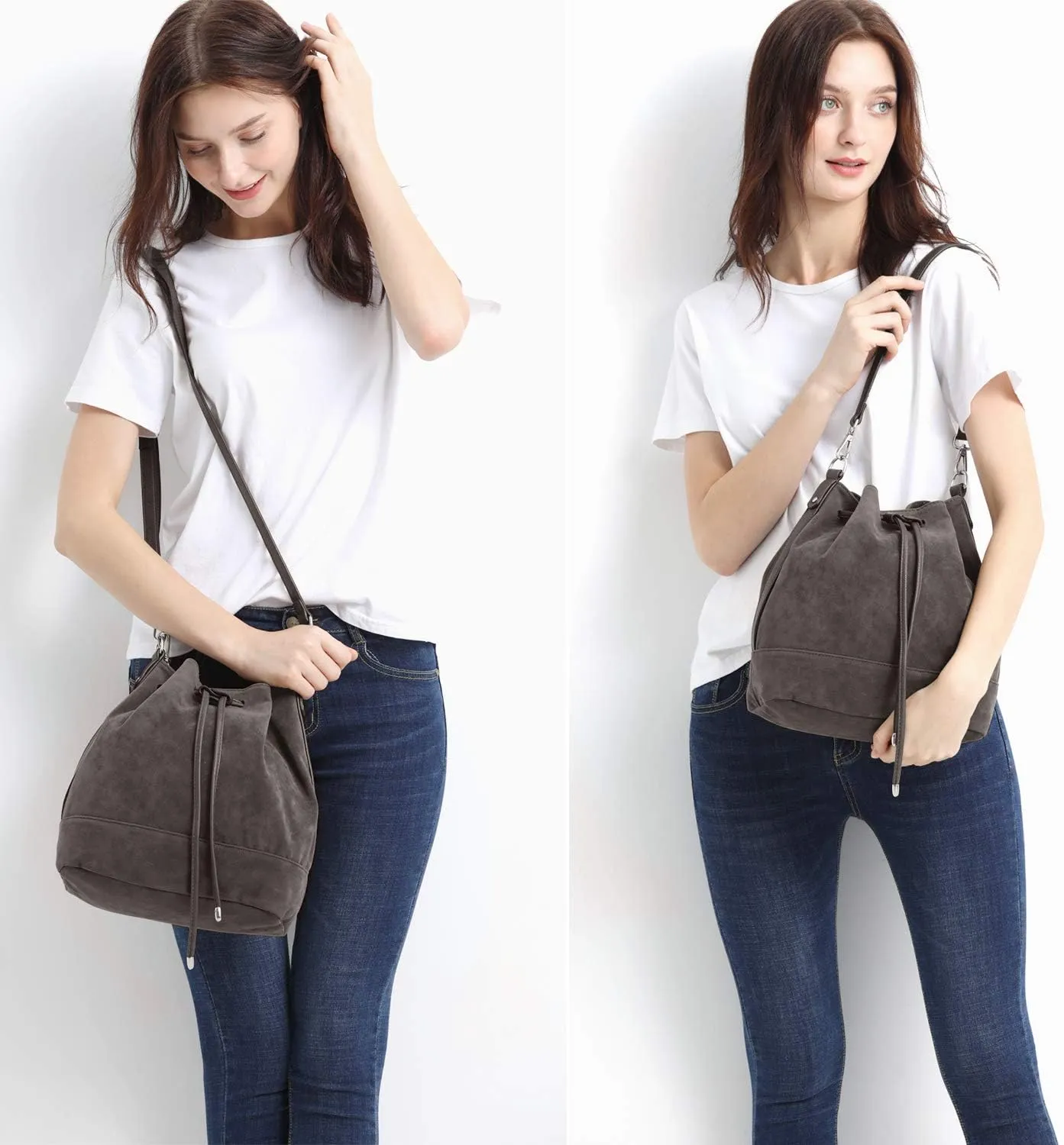 AFKOMST Leather Bucket Bags and Drawstring Crossbody Purse for Women Medium Tote and Hobo Handbags with 2 Shouder Straps