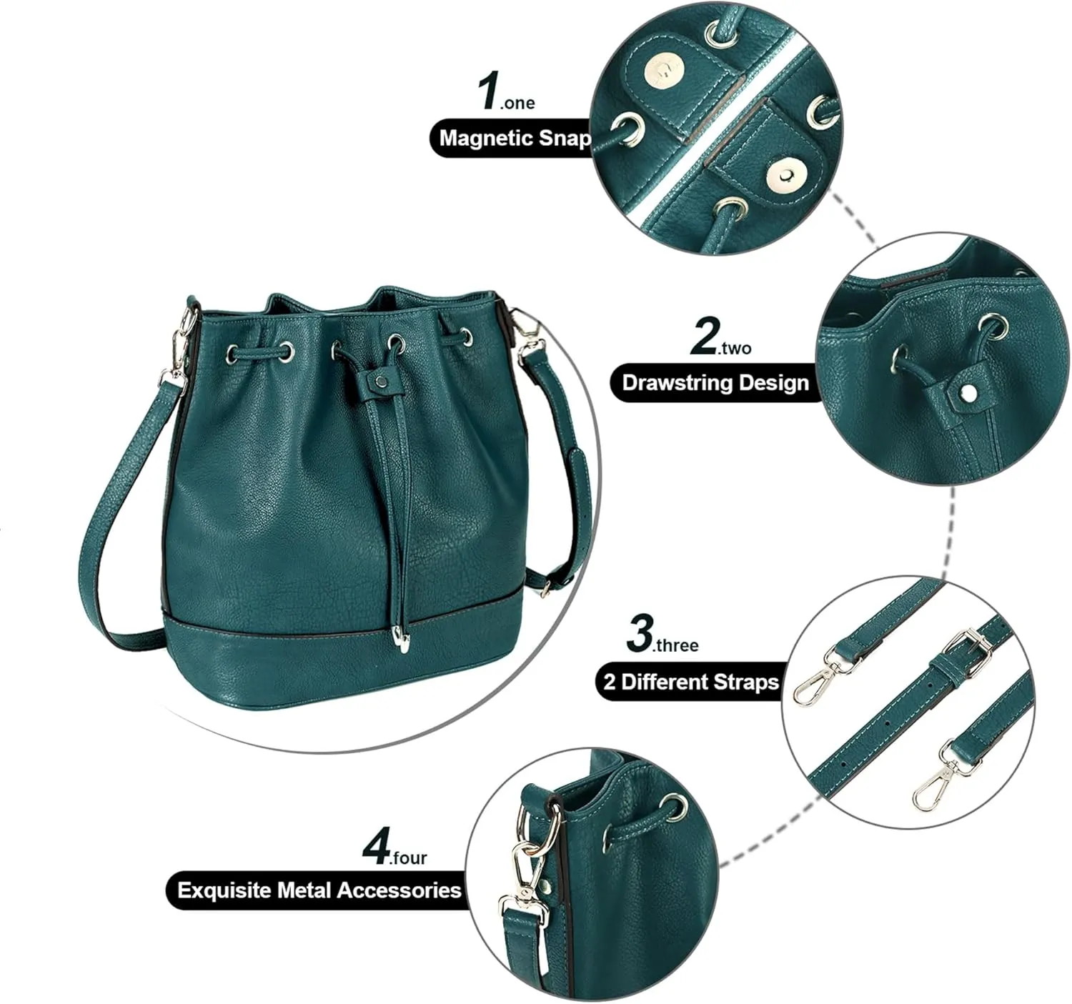 AFKOMST Leather Bucket Bags and Drawstring Crossbody Purse for Women Medium Tote and Hobo Handbags with 2 Shouder Straps