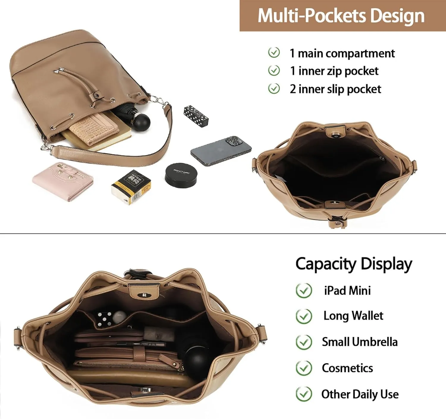 AFKOMST Leather Bucket Bags and Drawstring Crossbody Purse for Women Medium Tote and Hobo Handbags with 2 Shouder Straps