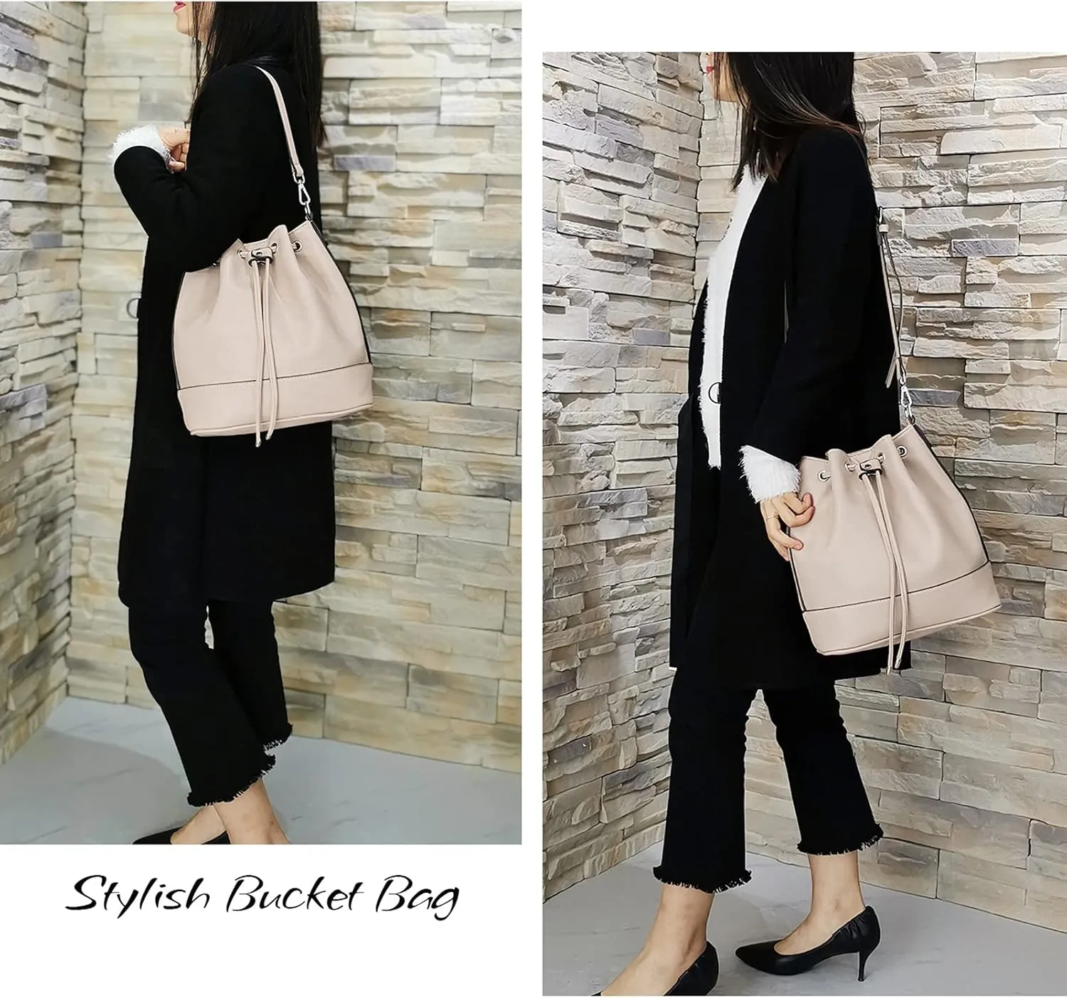 AFKOMST Leather Bucket Bags and Drawstring Crossbody Purse for Women Medium Tote and Hobo Handbags with 2 Shouder Straps