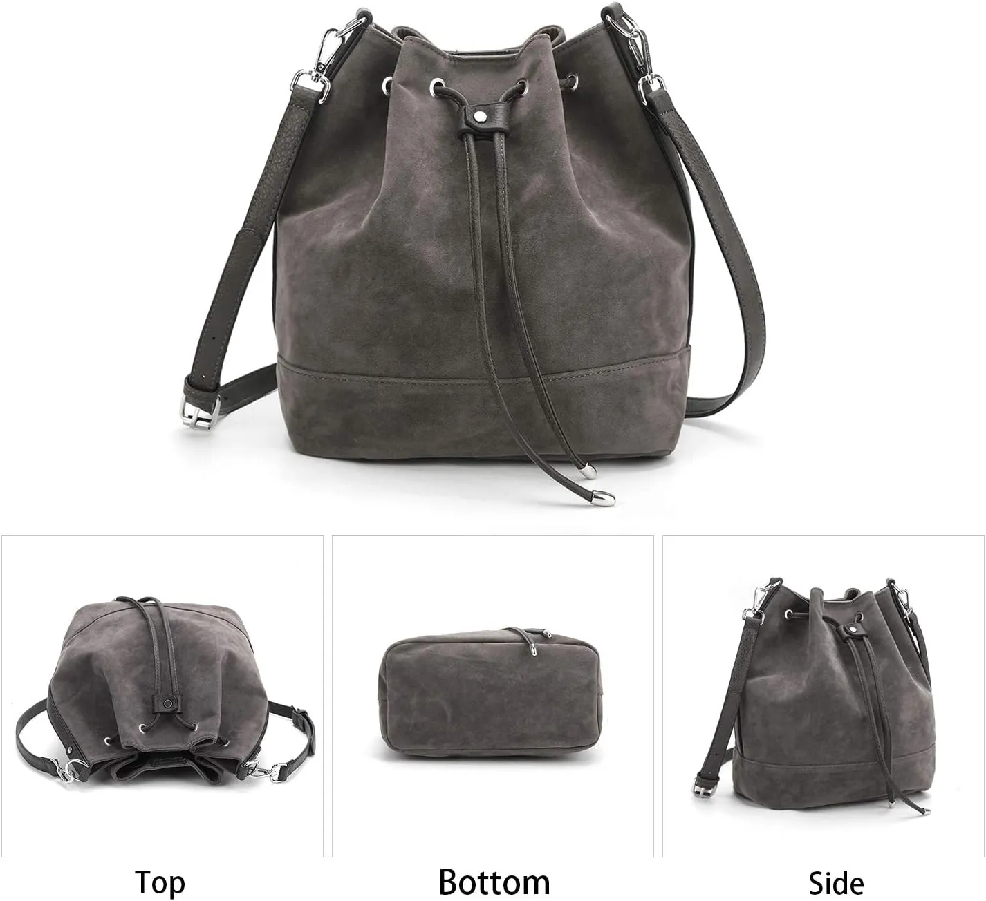 AFKOMST Leather Bucket Bags and Drawstring Crossbody Purse for Women Medium Tote and Hobo Handbags with 2 Shouder Straps