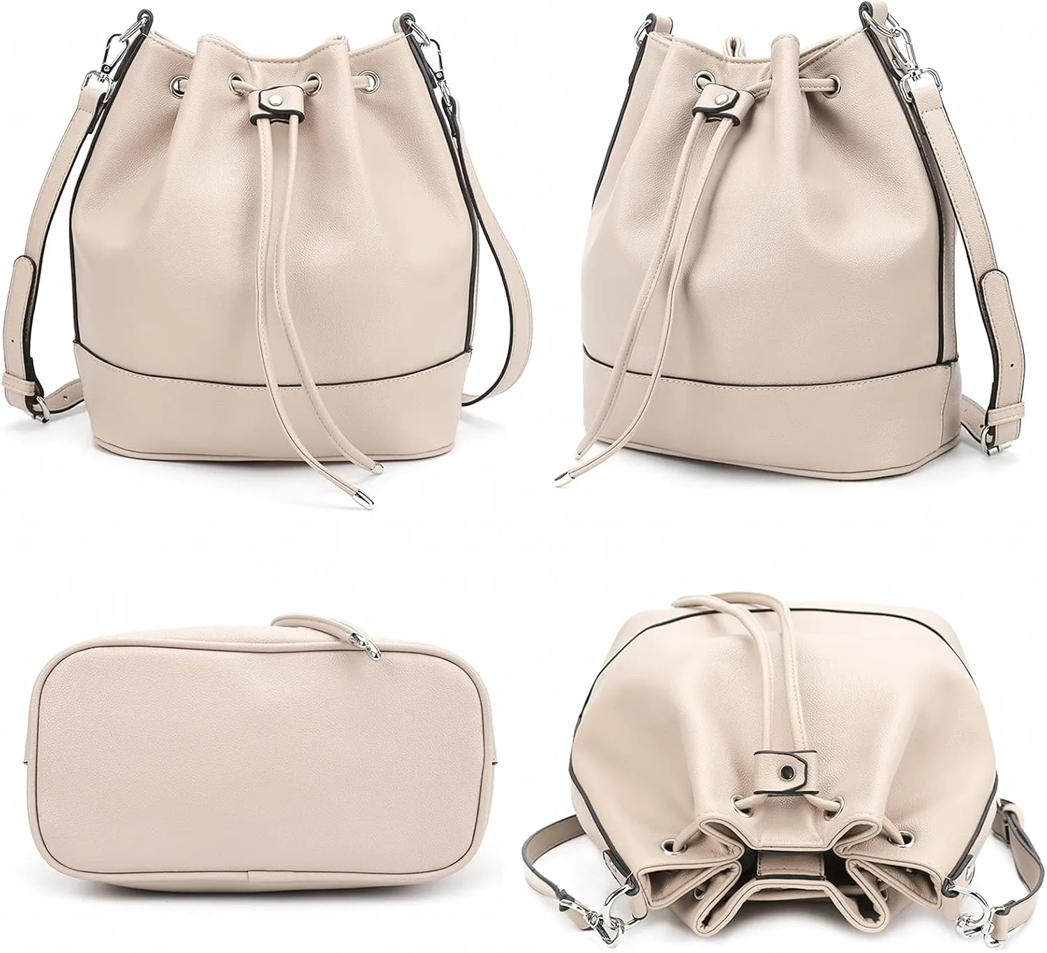 AFKOMST Leather Bucket Bags and Drawstring Crossbody Purse for Women Medium Tote and Hobo Handbags with 2 Shouder Straps