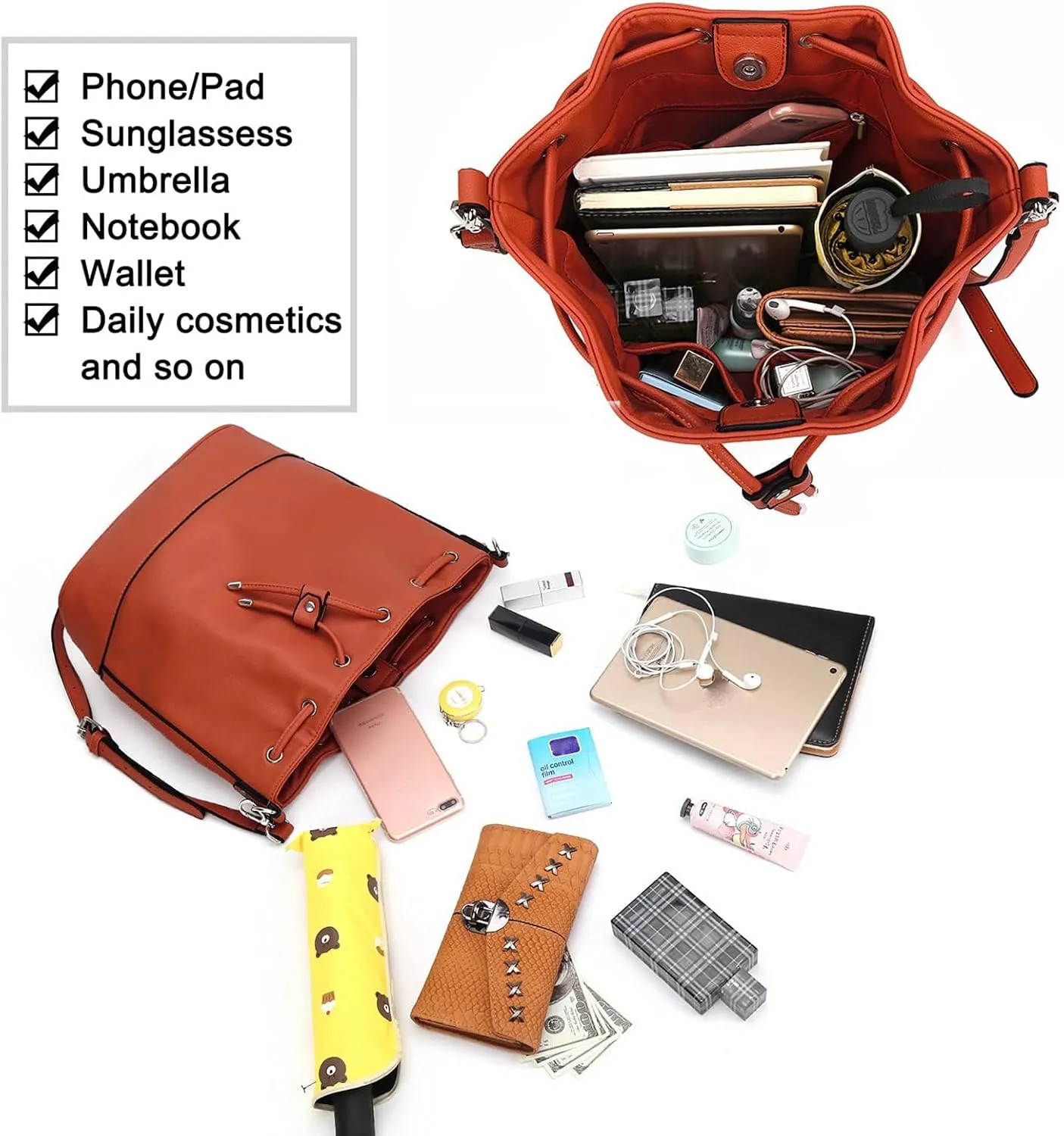 AFKOMST Leather Bucket Bags and Drawstring Crossbody Purse for Women Medium Tote and Hobo Handbags with 2 Shouder Straps