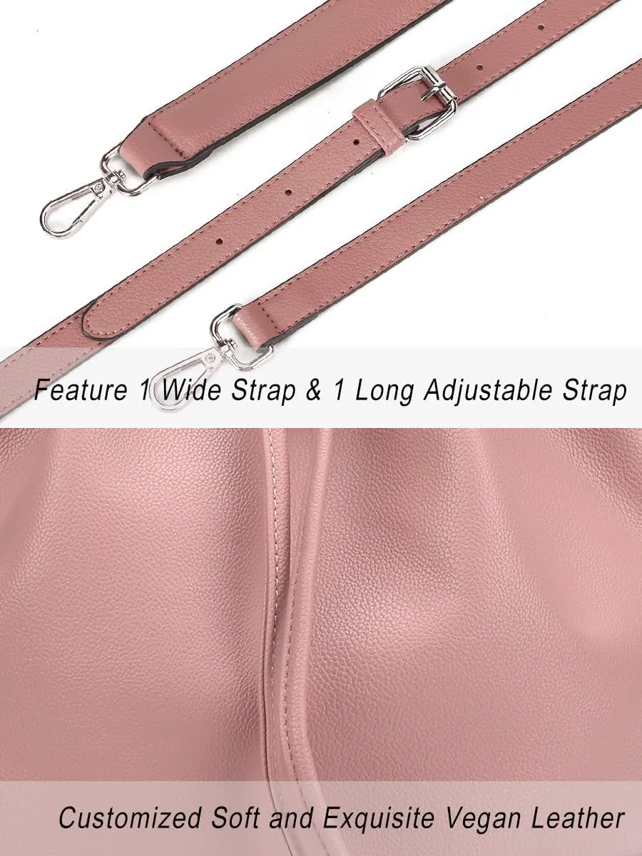 AFKOMST Leather Bucket Bags and Drawstring Crossbody Purse for Women Medium Tote and Hobo Handbags with 2 Shouder Straps