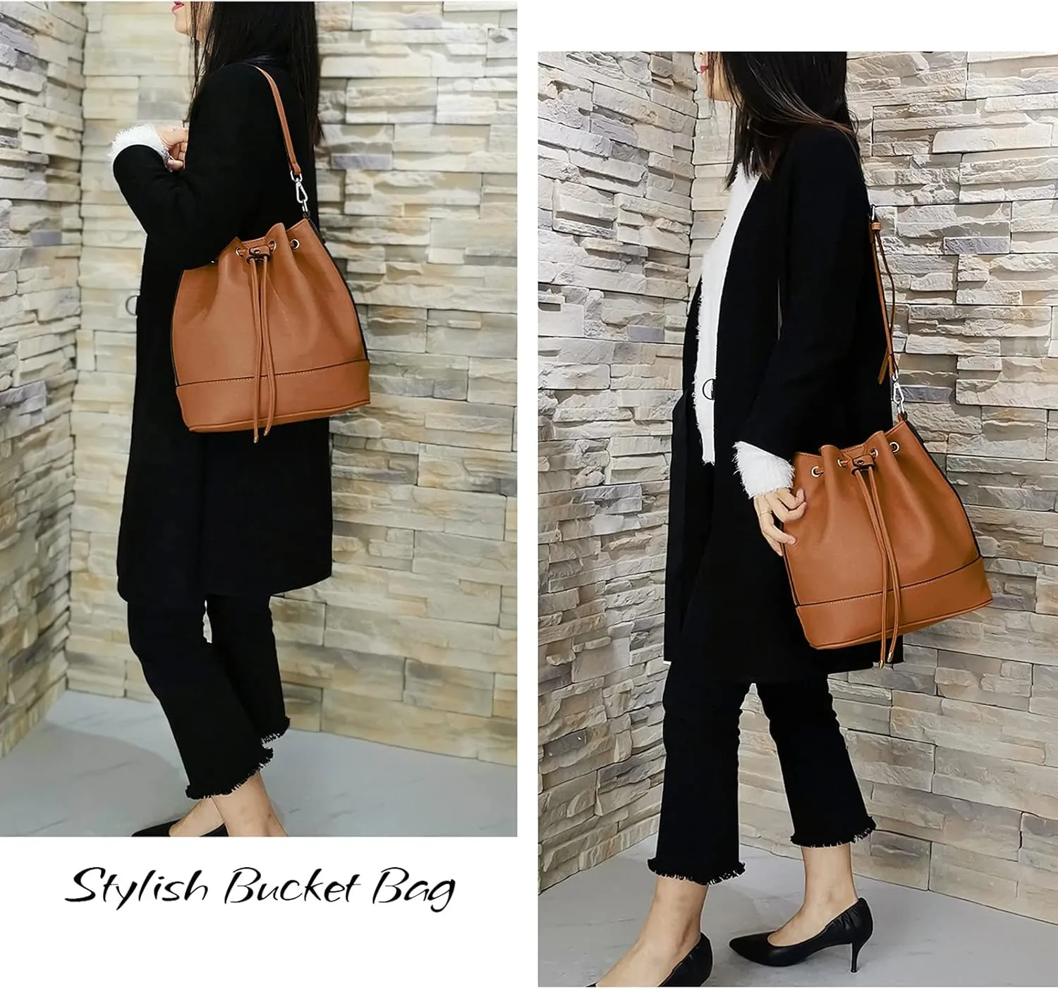 AFKOMST Leather Bucket Bags and Drawstring Crossbody Purse for Women Medium Tote and Hobo Handbags with 2 Shouder Straps