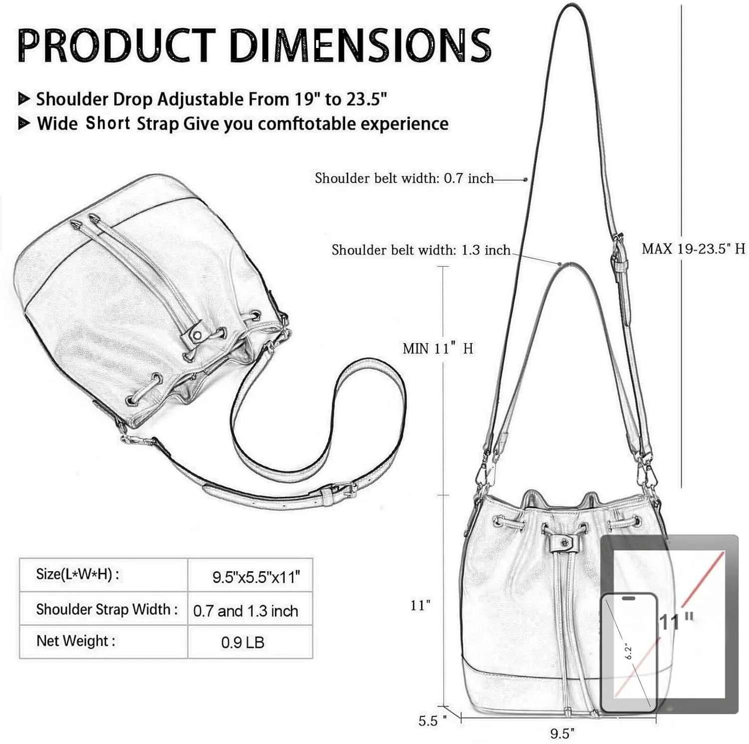 AFKOMST Leather Bucket Bags and Drawstring Crossbody Purse for Women Medium Tote and Hobo Handbags with 2 Shouder Straps