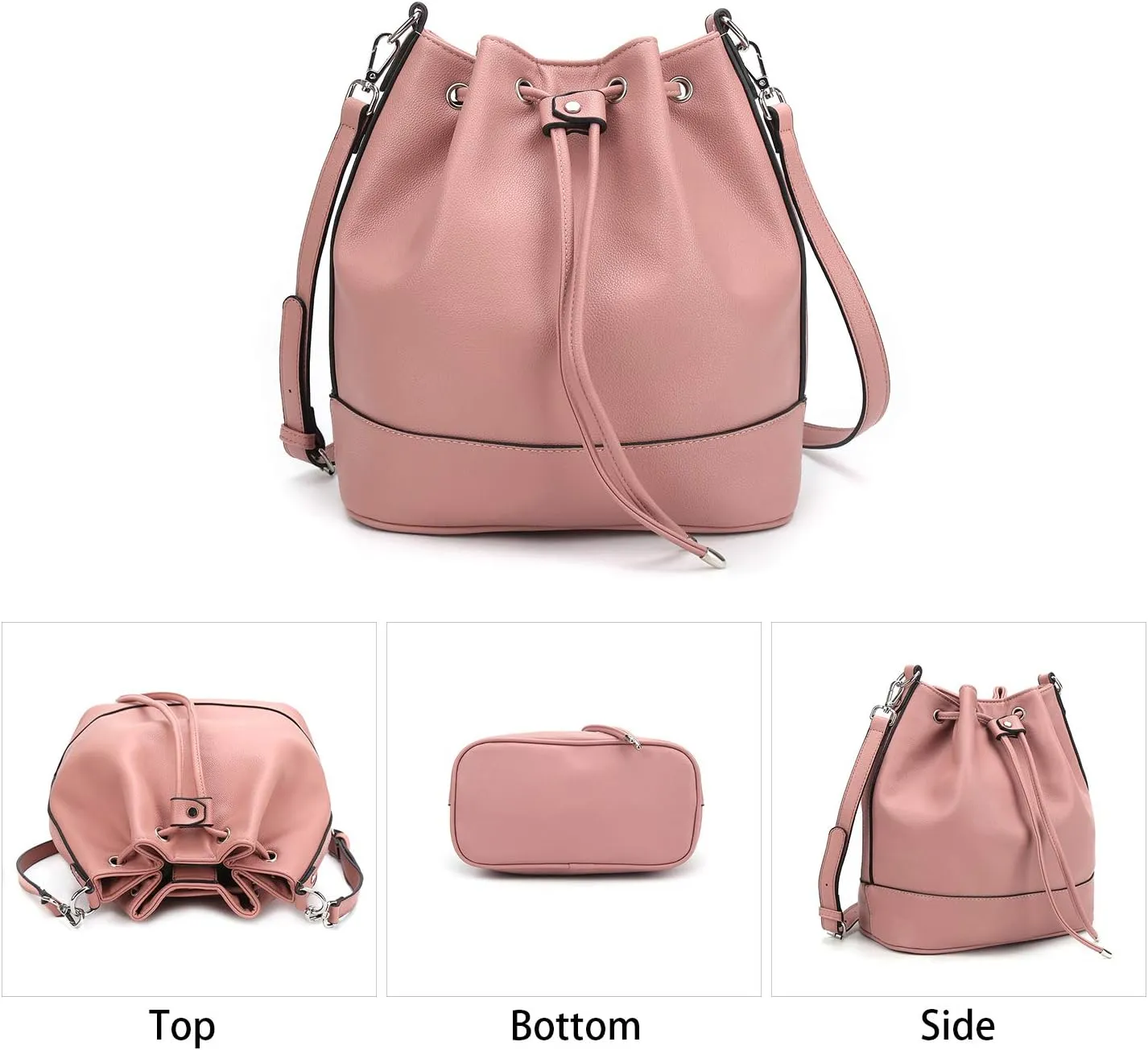 AFKOMST Leather Bucket Bags and Drawstring Crossbody Purse for Women Medium Tote and Hobo Handbags with 2 Shouder Straps