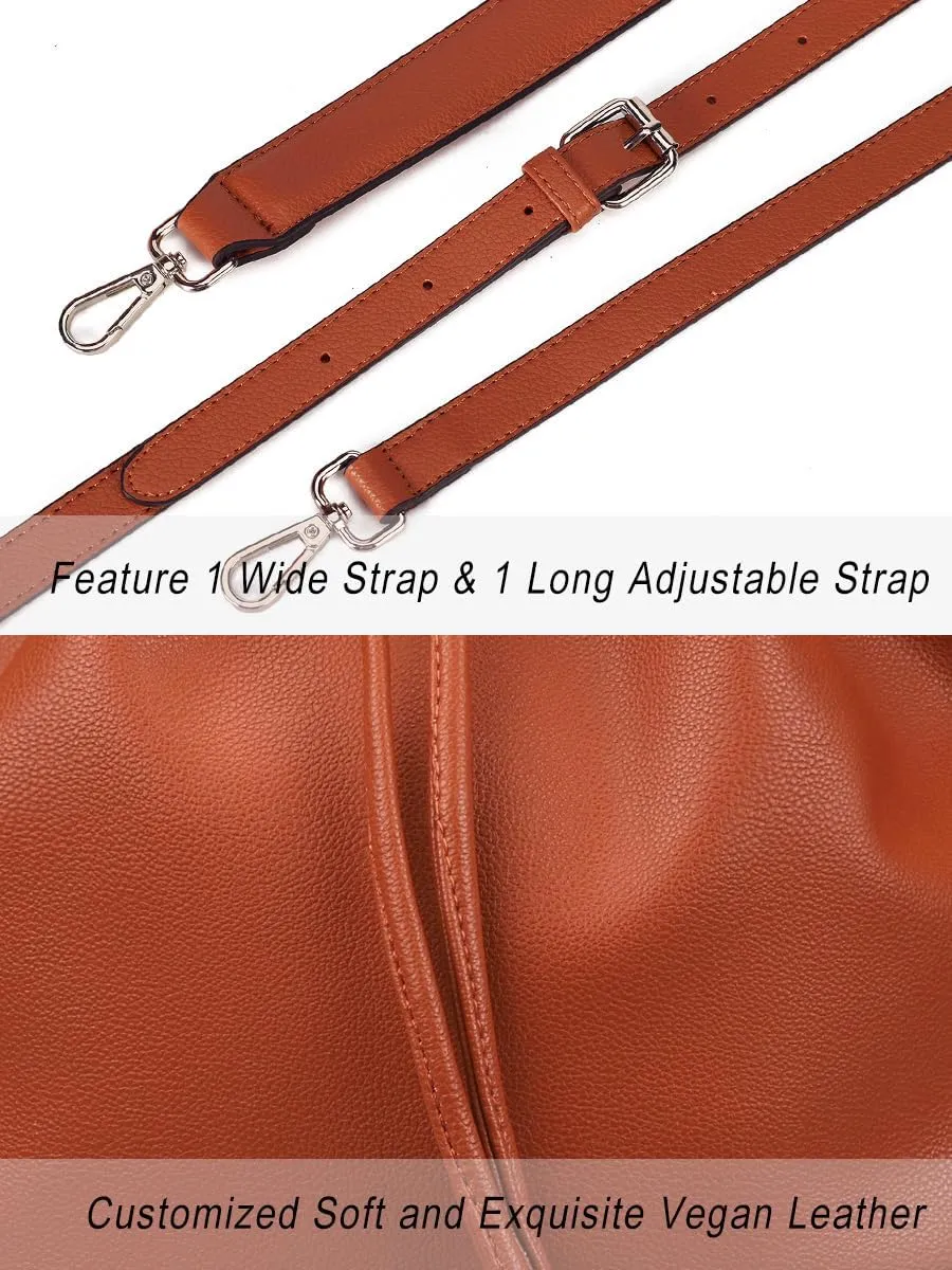 AFKOMST Leather Bucket Bags and Drawstring Crossbody Purse for Women Medium Tote and Hobo Handbags with 2 Shouder Straps