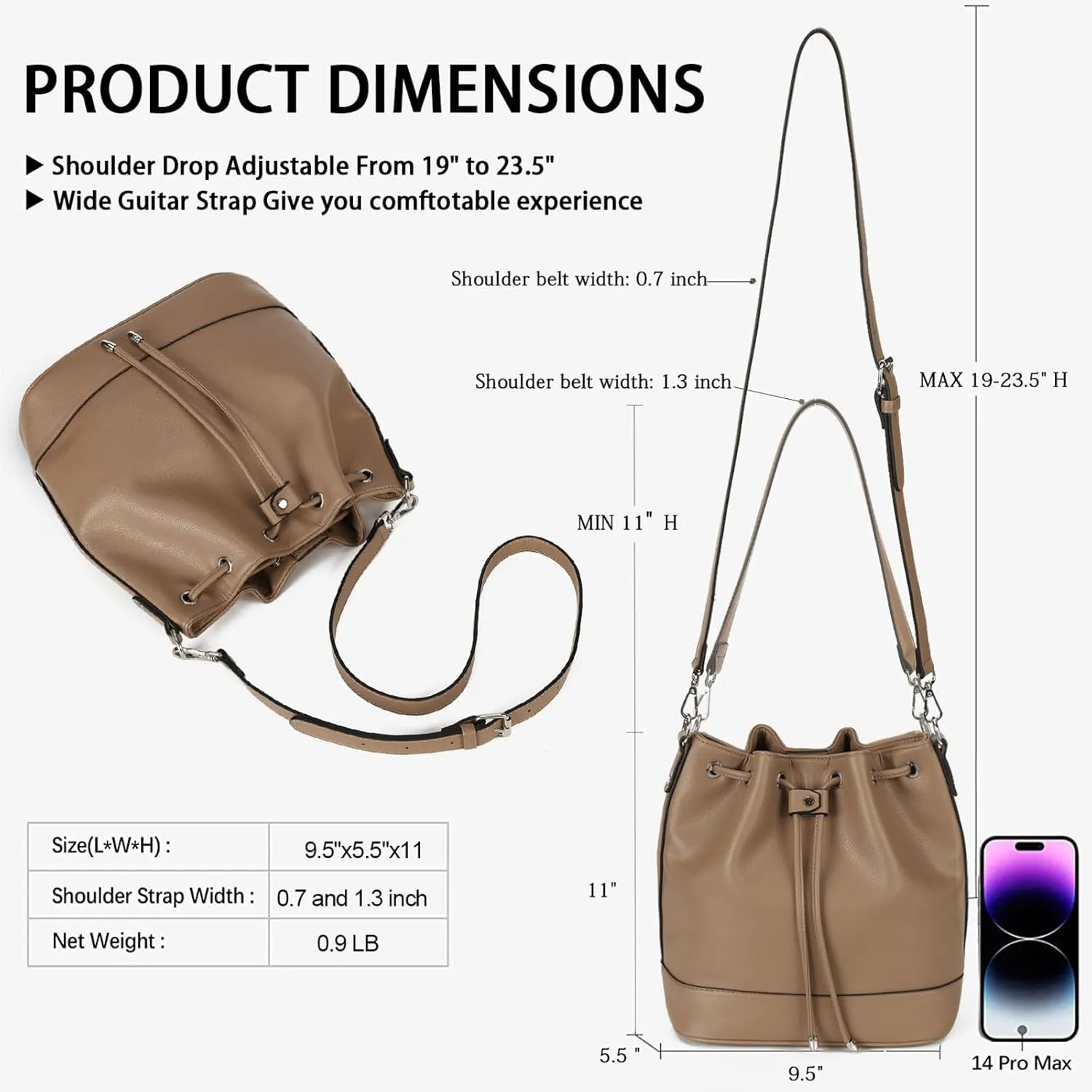 AFKOMST Leather Bucket Bags and Drawstring Crossbody Purse for Women Medium Tote and Hobo Handbags with 2 Shouder Straps