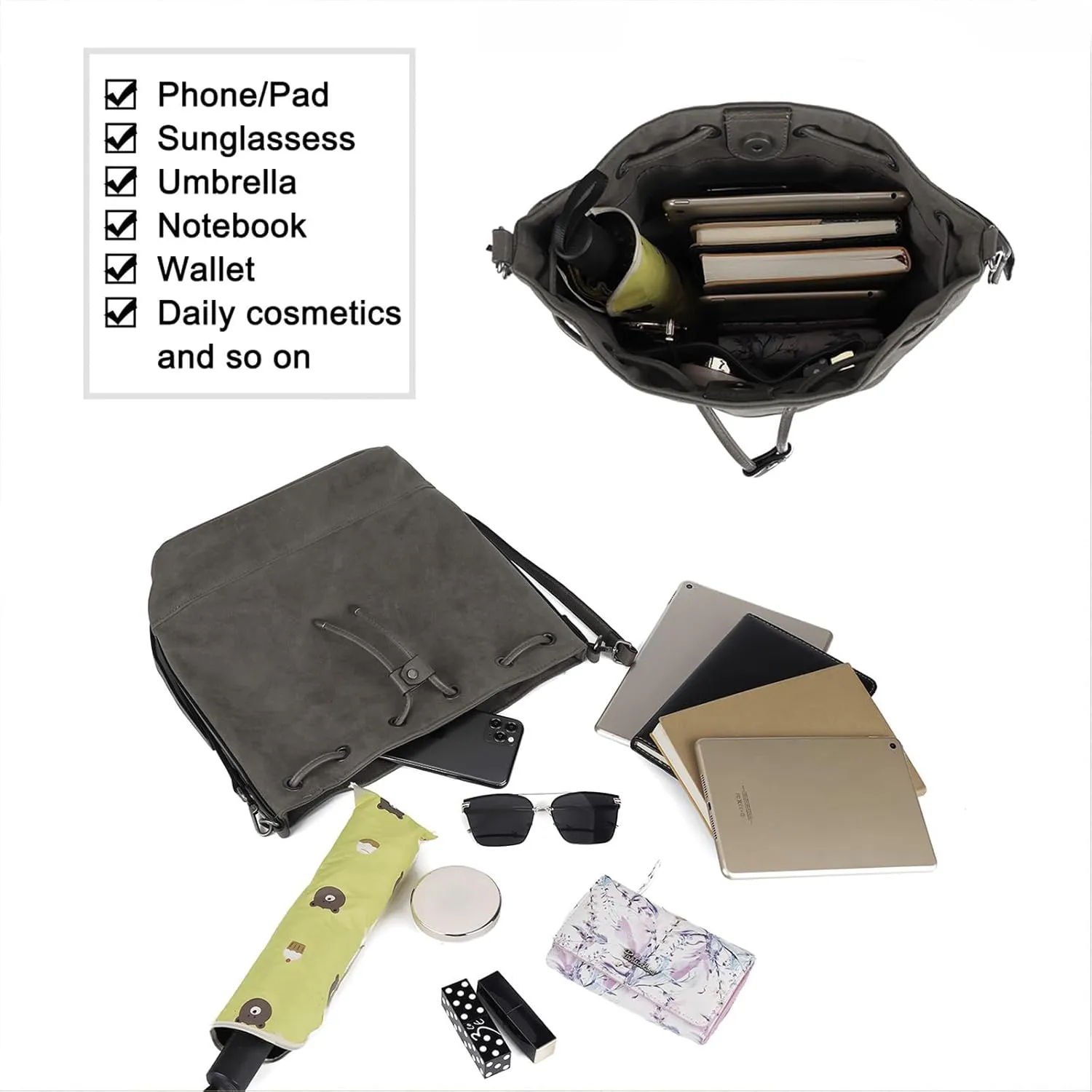 AFKOMST Leather Bucket Bags and Drawstring Crossbody Purse for Women Medium Tote and Hobo Handbags with 2 Shouder Straps