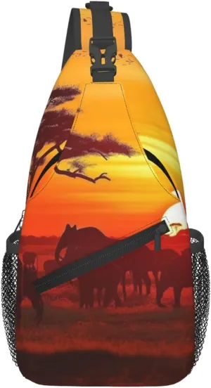African Animal Sunset Crossbody Bags for Men Women Fashion Sling Backpack Casual Chest Bag Travel Hiking Daypack