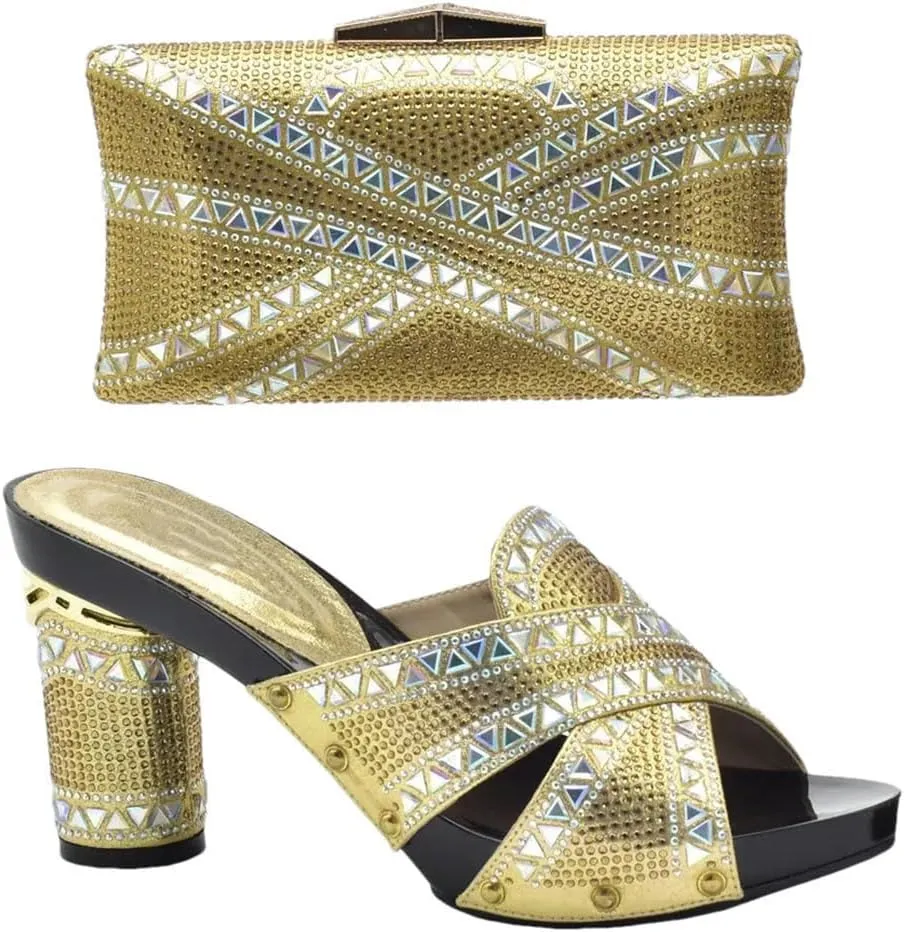 African Inspired Rhinestone Wedding Shoes Set with Crystal Clutch Bag Womens Luxury Banquet Party Heels