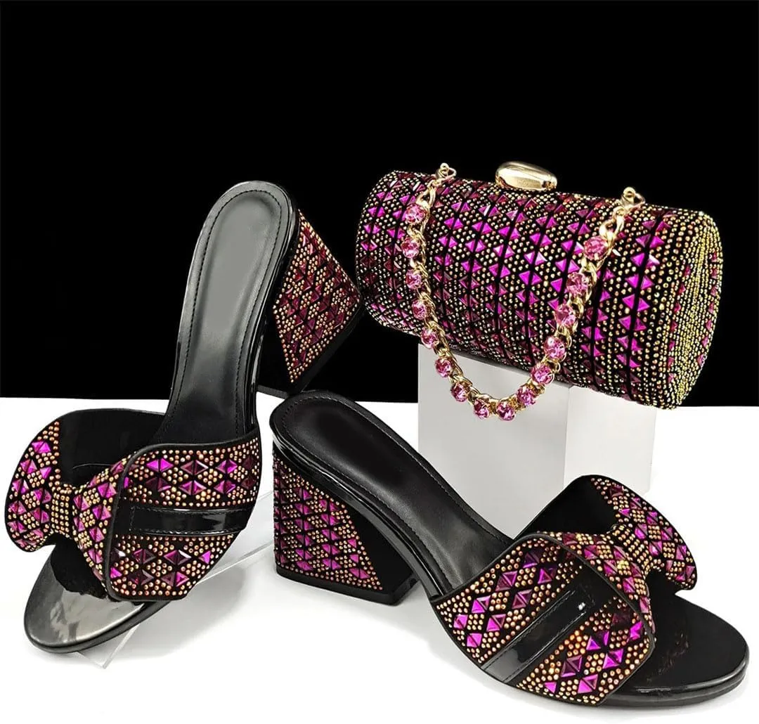 African Wedding Crystal Shoes Bag Set with Diamond-Embellished Heels and Evening Purse