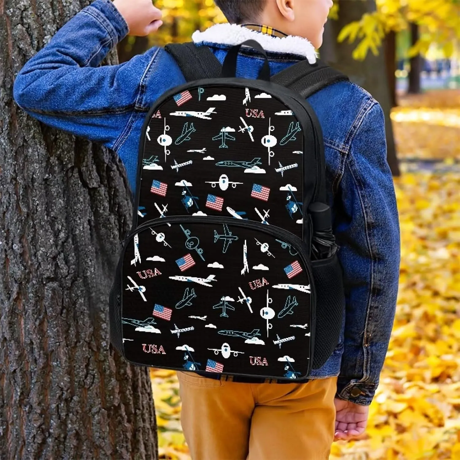 Aircraft and Flags Middle School Backpack for Boys Personalised Schoolbag Boys Elementary Schoolbag Junior Schoolbag Canvas Backpack Children's Schoolbag Crossbody Bag