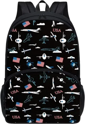 Aircraft and Flags Middle School Backpack for Boys Personalised Schoolbag Boys Elementary Schoolbag Junior Schoolbag Canvas Backpack Children's Schoolbag Crossbody Bag