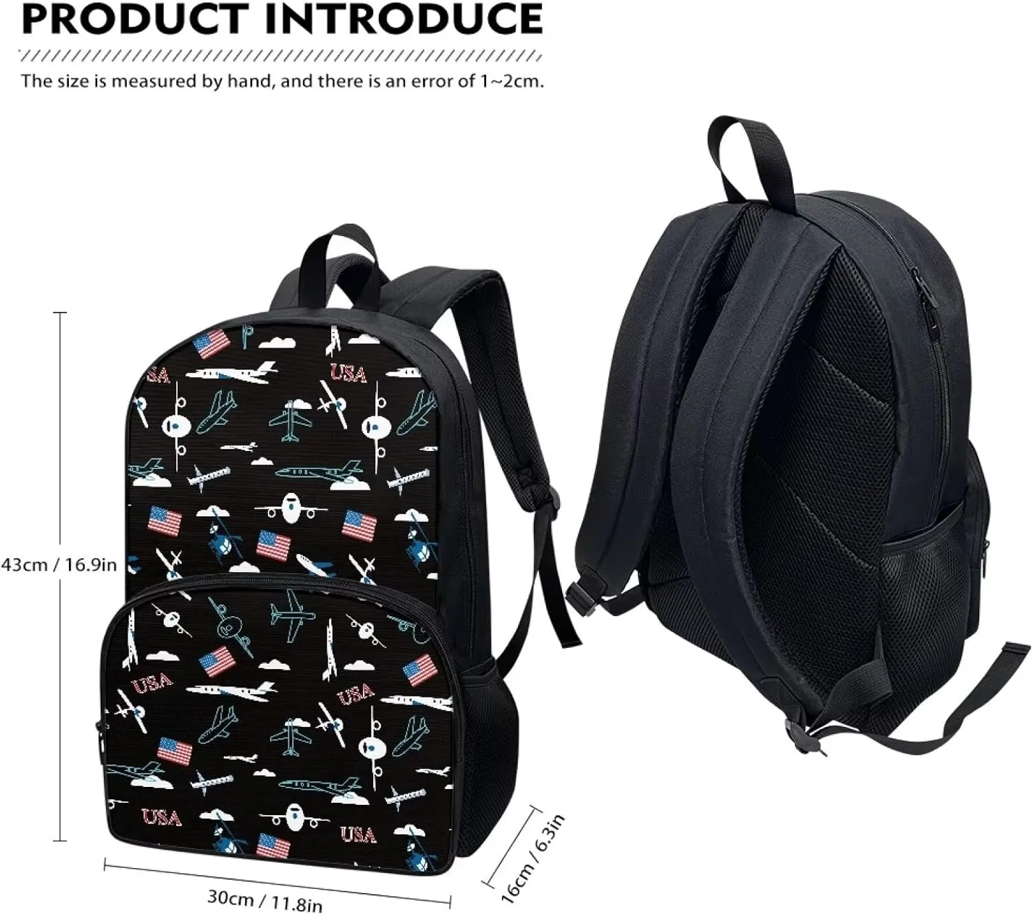 Aircraft and Flags Middle School Backpack for Boys Personalised Schoolbag Boys Elementary Schoolbag Junior Schoolbag Canvas Backpack Children's Schoolbag Crossbody Bag