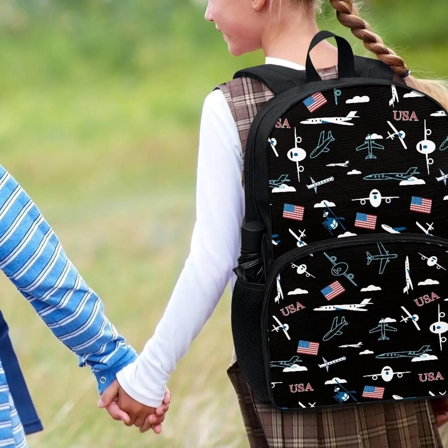 Aircraft and Flags Middle School Backpack for Boys Personalised Schoolbag Boys Elementary Schoolbag Junior Schoolbag Canvas Backpack Children's Schoolbag Crossbody Bag