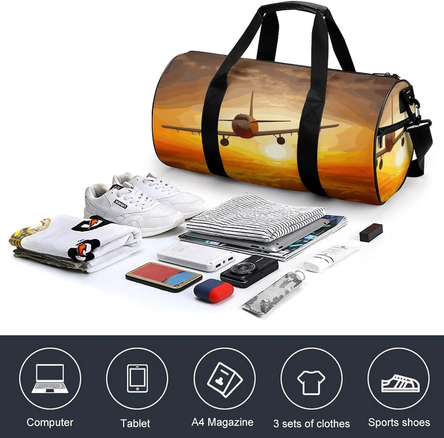 Aircraft Plane at Sunset Gym Bag Small Travel Duffle Bag with Compartment Carry On Weekender Bag for Women Men