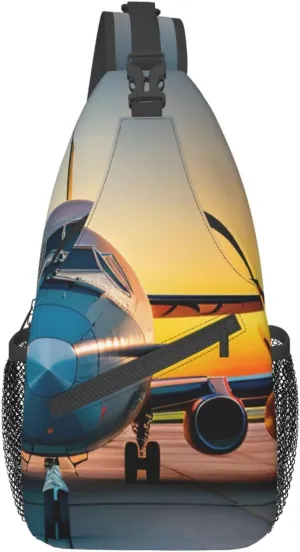 Aircraft Plane at Sunsets Print Sling Backpack, Sling Bag, Crossbody Chest Bag Daypack, for Hiking Travel