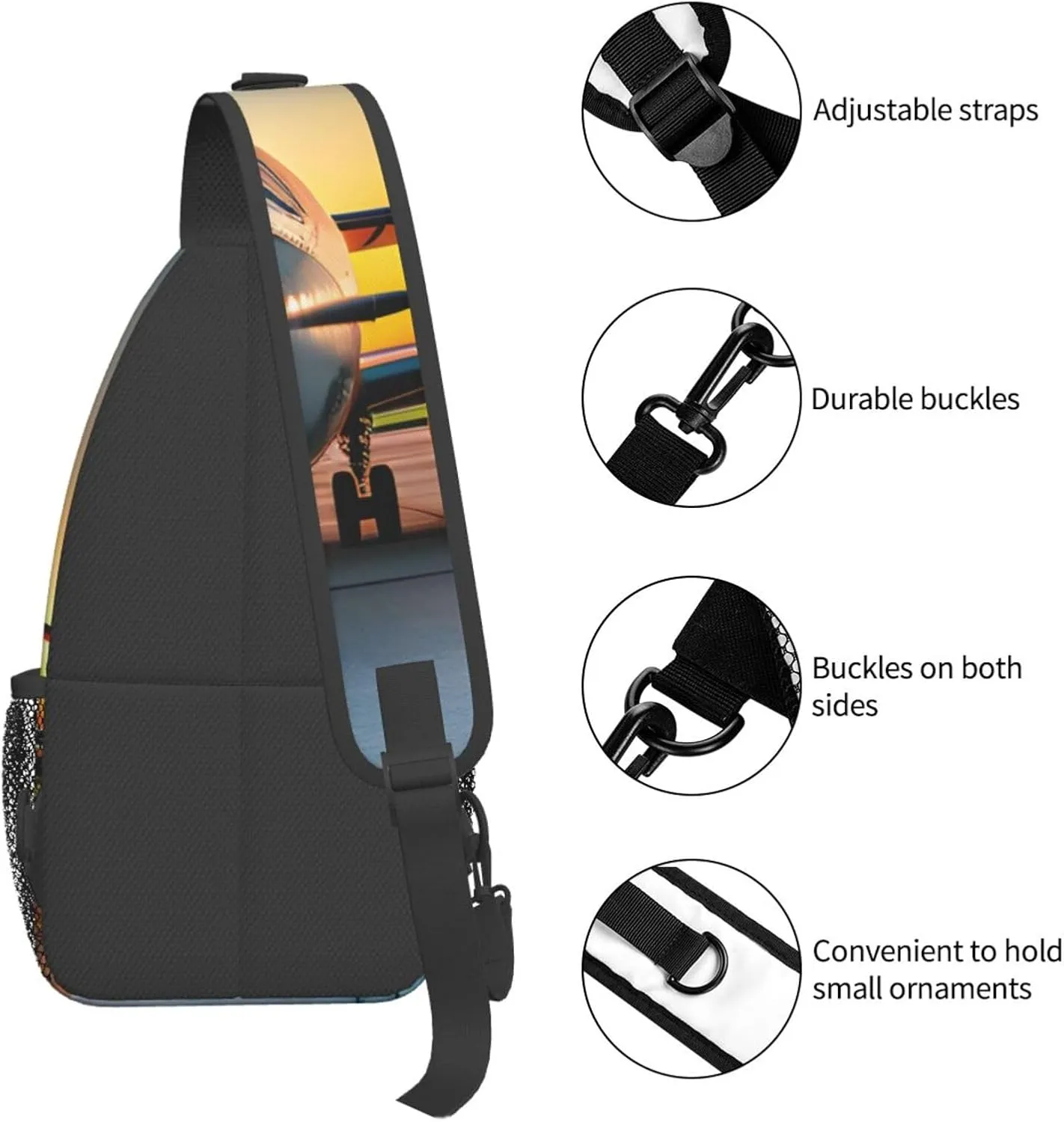 Aircraft Plane at Sunsets Print Sling Backpack, Sling Bag, Crossbody Chest Bag Daypack, for Hiking Travel