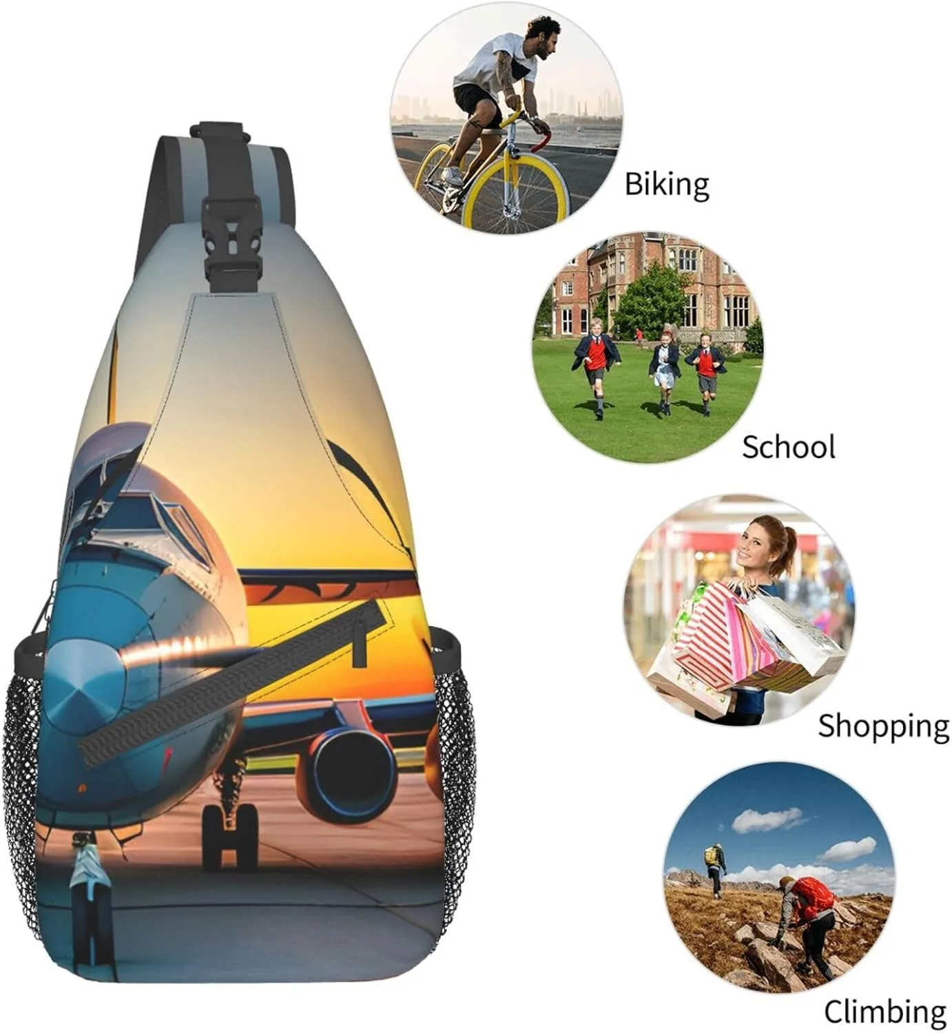 Aircraft Plane at Sunsets Print Sling Backpack, Sling Bag, Crossbody Chest Bag Daypack, for Hiking Travel