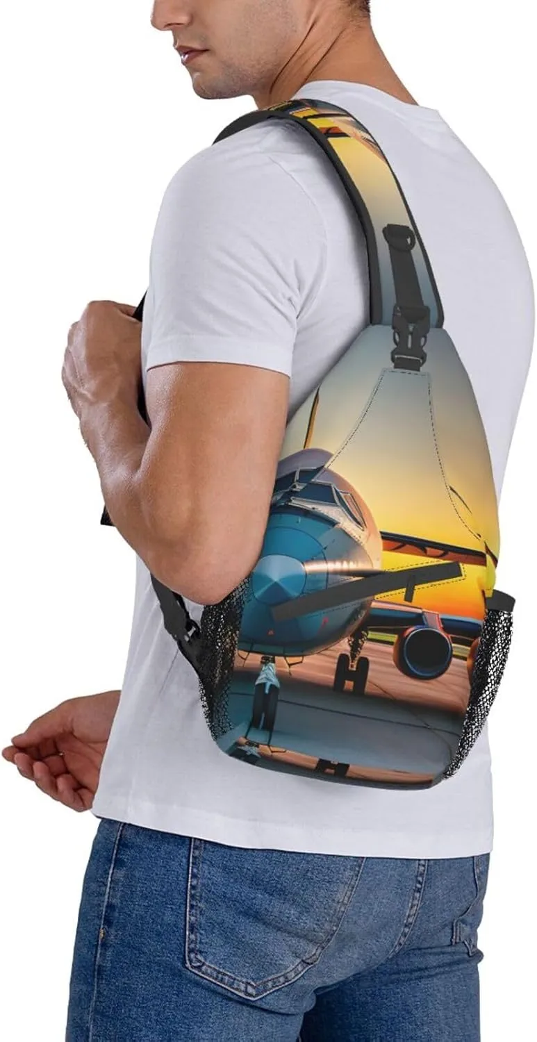 Aircraft Plane at Sunsets Print Sling Backpack, Sling Bag, Crossbody Chest Bag Daypack, for Hiking Travel