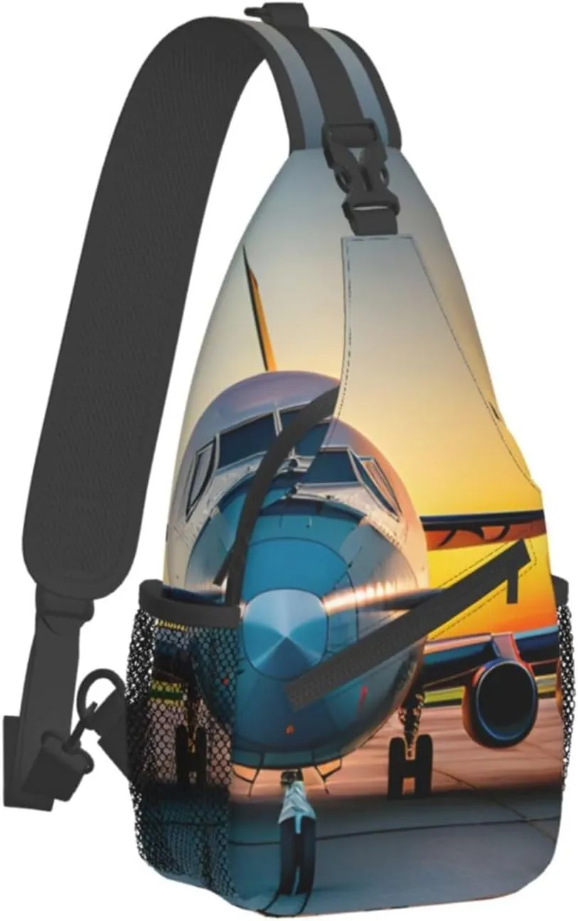 Aircraft Plane at Sunsets Print Sling Backpack, Sling Bag, Crossbody Chest Bag Daypack, for Hiking Travel