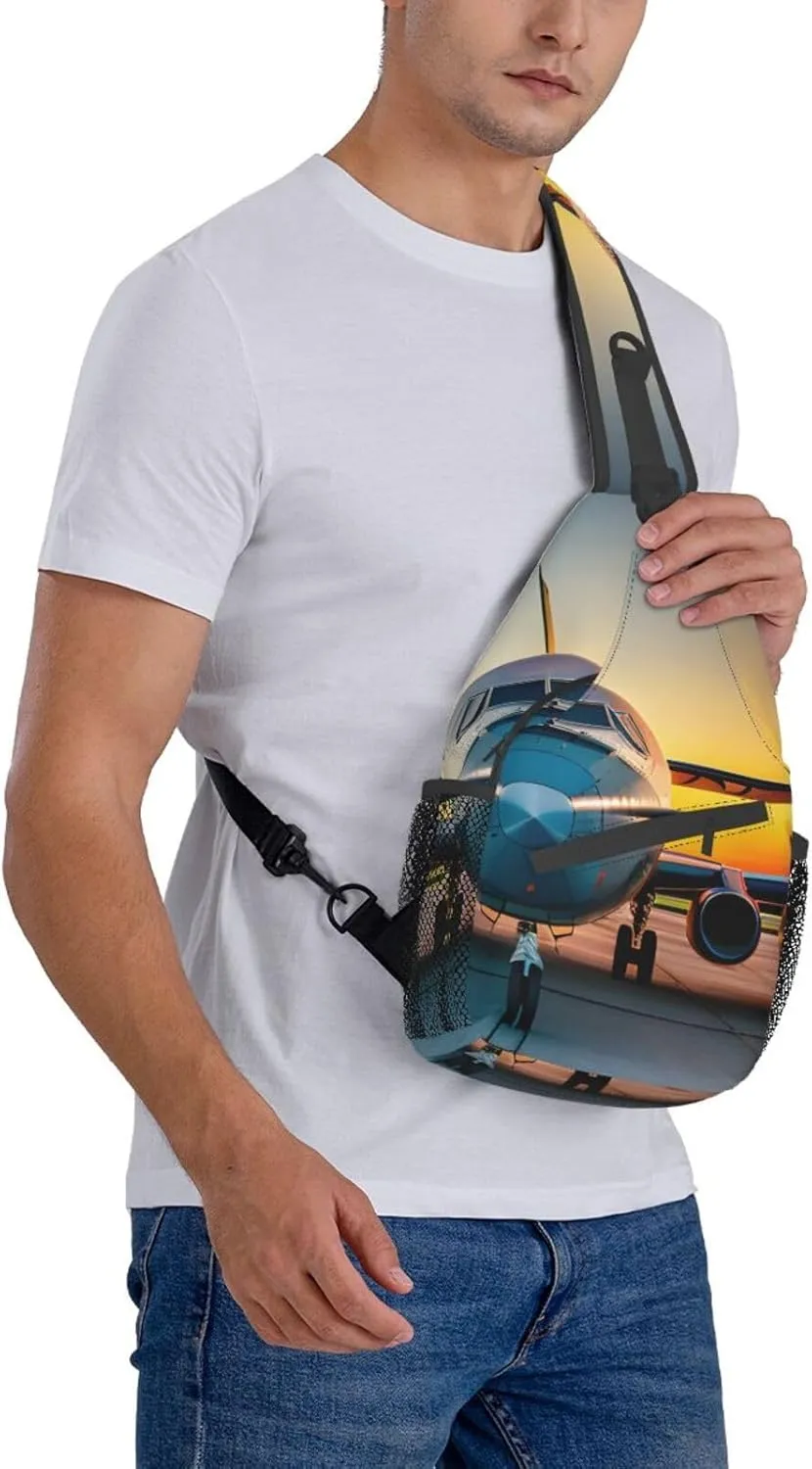 Aircraft Plane at Sunsets Print Sling Backpack, Sling Bag, Crossbody Chest Bag Daypack, for Hiking Travel
