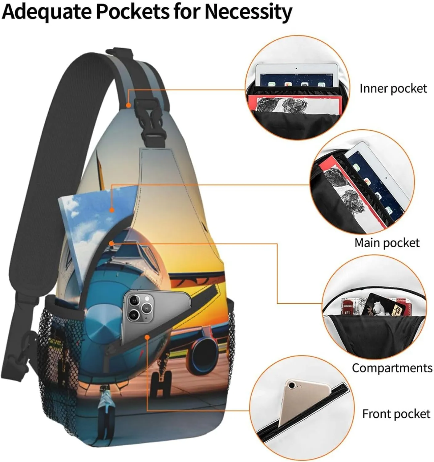 Aircraft Plane at Sunsets Print Sling Backpack, Sling Bag, Crossbody Chest Bag Daypack, for Hiking Travel