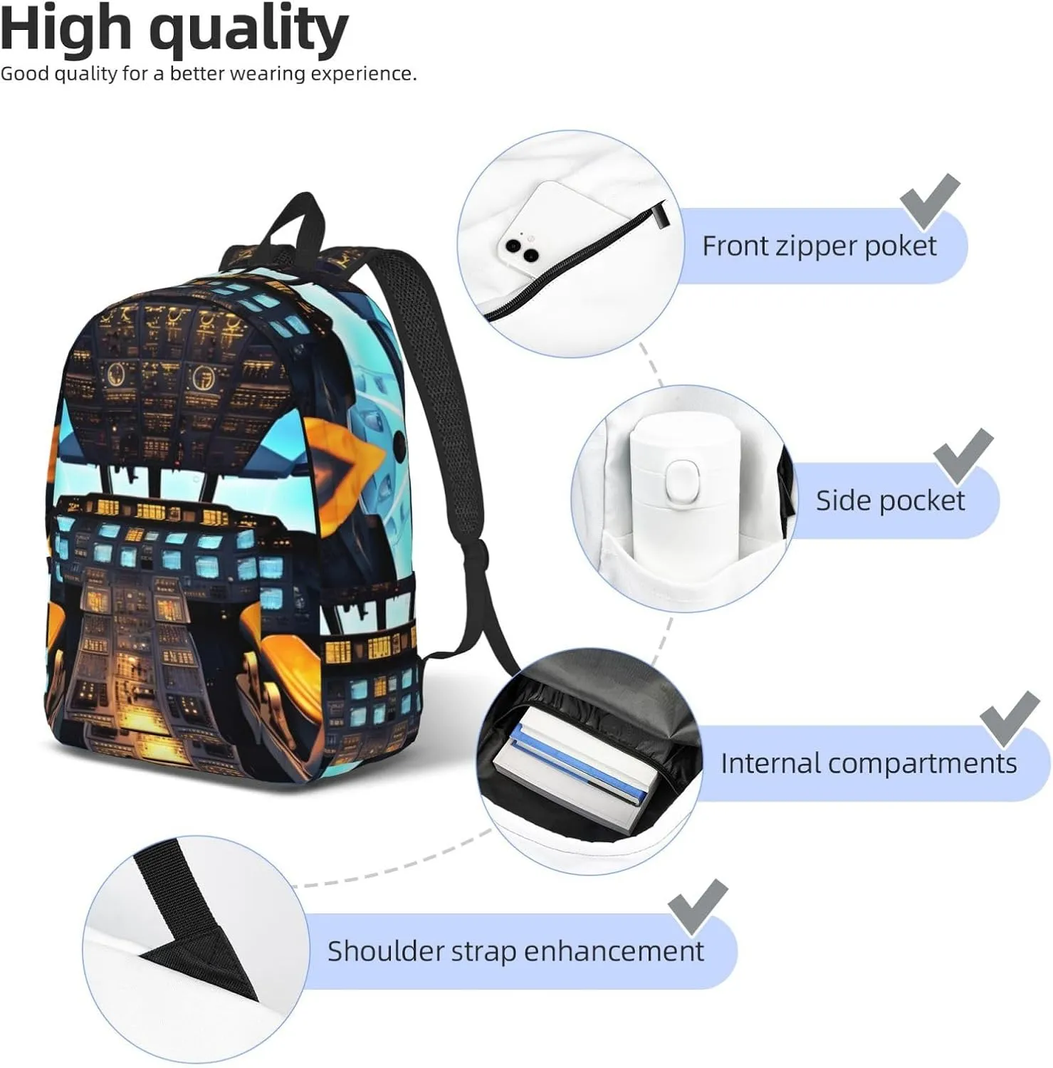 Airplane Cockpit Print Canvas Laptop Backpack Outdoor Casual Travel Bag Daypack Book Bag For Men Women