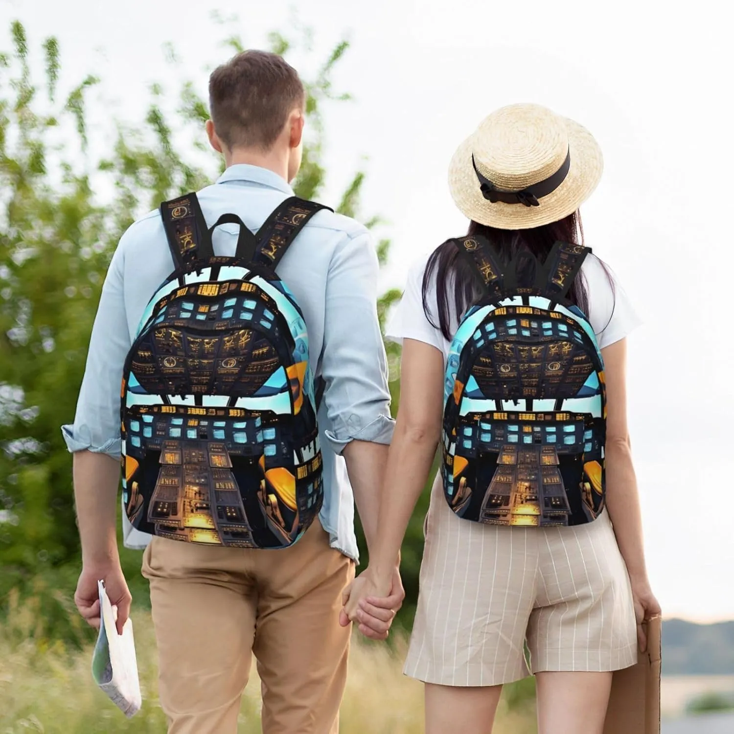 Airplane Cockpit Print Canvas Laptop Backpack Outdoor Casual Travel Bag Daypack Book Bag For Men Women